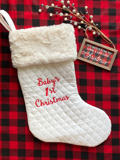 Baby’s First Christmas stocking personalized and fully lined for boy or girl newborn gift, quilted cotton and Minky, 18” heirloom quality