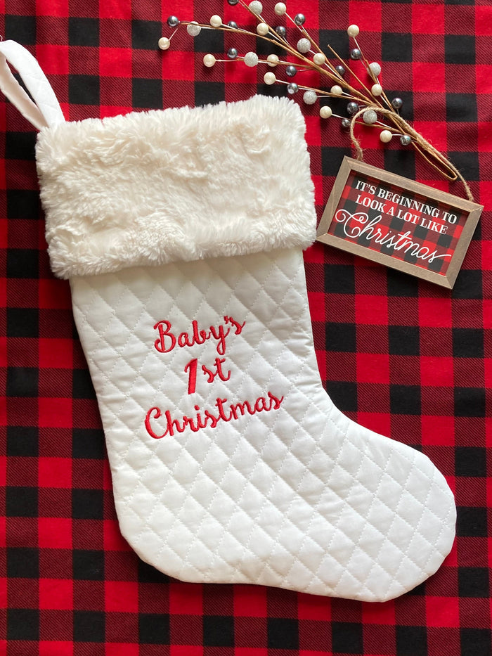 Baby’s First Christmas stocking personalized and fully lined for boy or girl newborn gift, quilted cotton and Minky, 18” heirloom quality