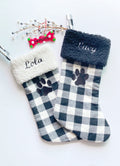 Personalized pet Christmas stocking: black and white buffalo plaid flannel for cat dog stocking fully lined embroidered paw 18”