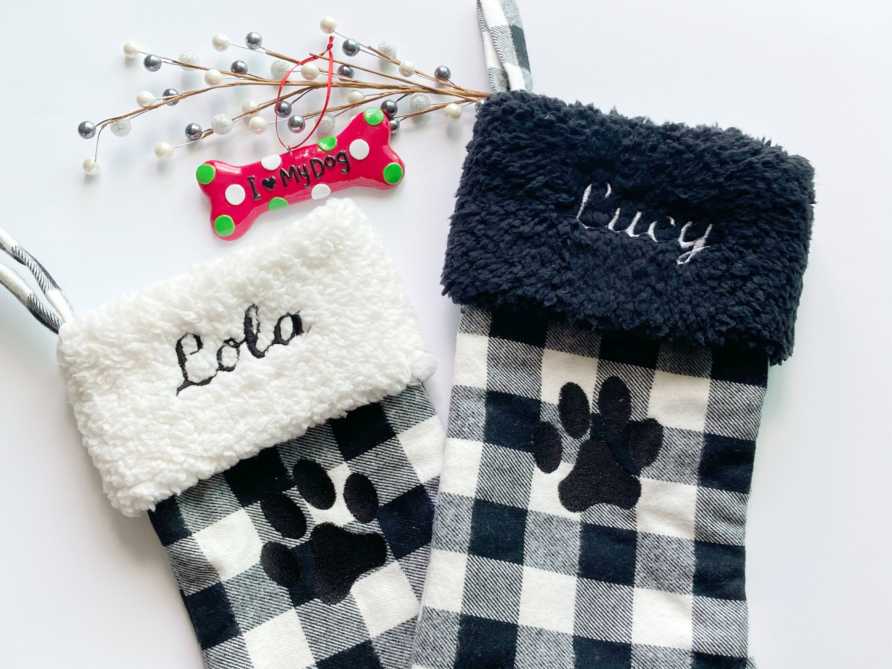Personalized pet Christmas stocking: black and white buffalo plaid flannel for cat dog stocking fully lined embroidered paw 18”