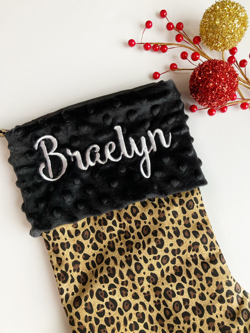 Personalize Rose gold Leopard Christmas stocking with minky or  fur cuff and fully lined 18” size, exotic animal print family holiday decor