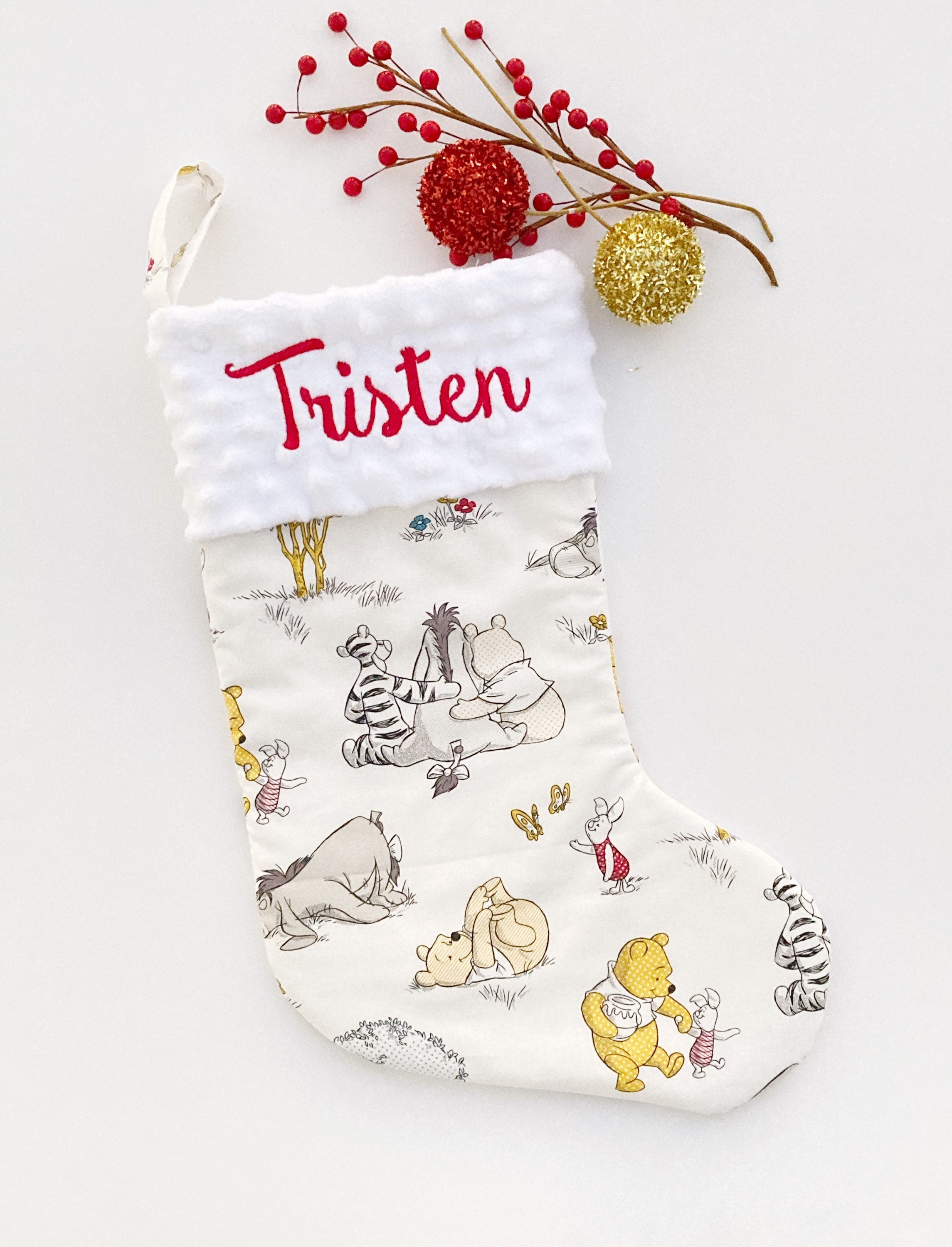Christmas stocking for baby to adult, personalized made from Winnie the Pooh neutrals fabric, fully lined, boy girl, First Christmas
