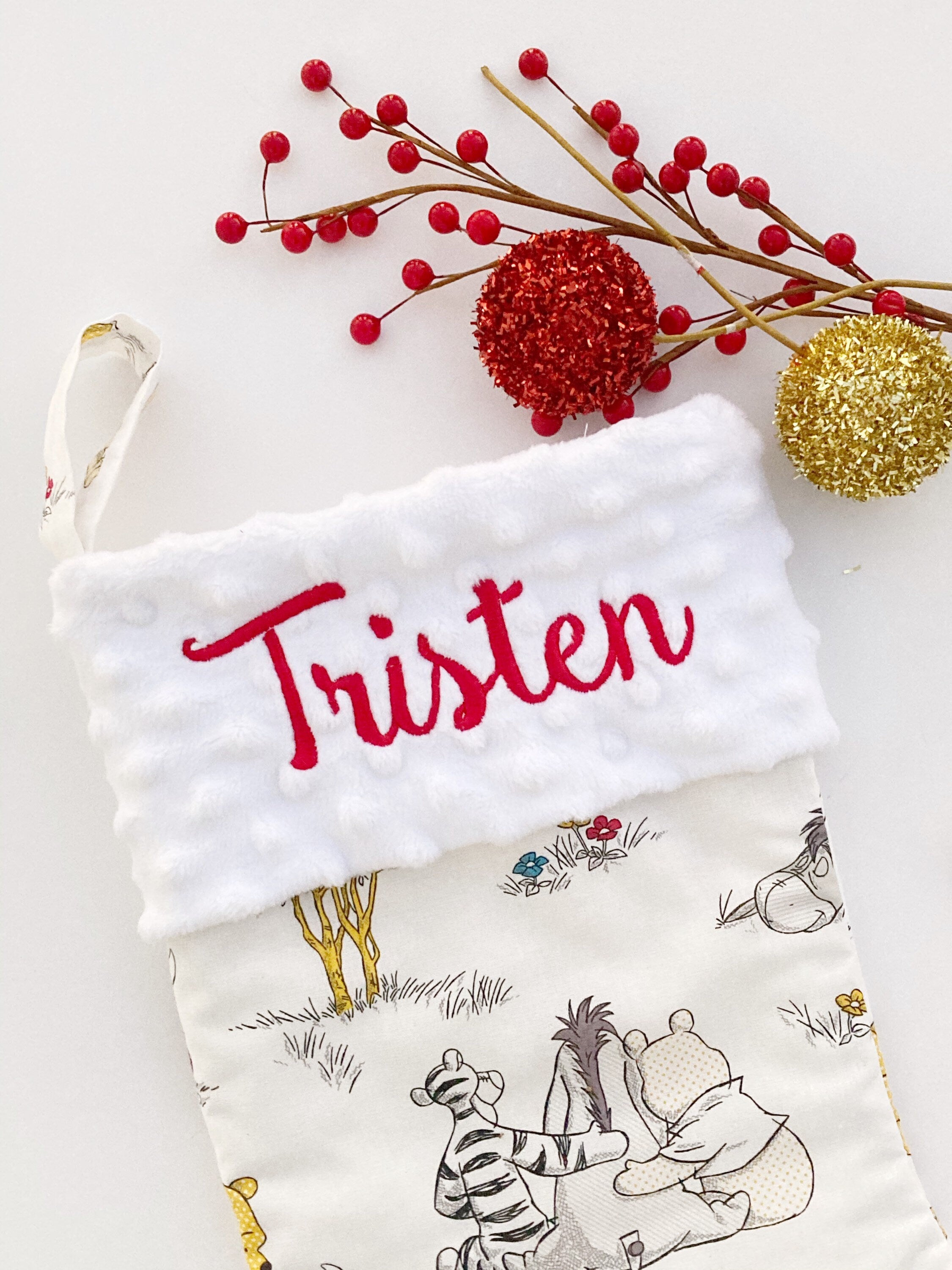 Christmas stocking for baby child adult, personalized made from Winnie the Pooh fabric, fully lined, boy or girl, First Christmas