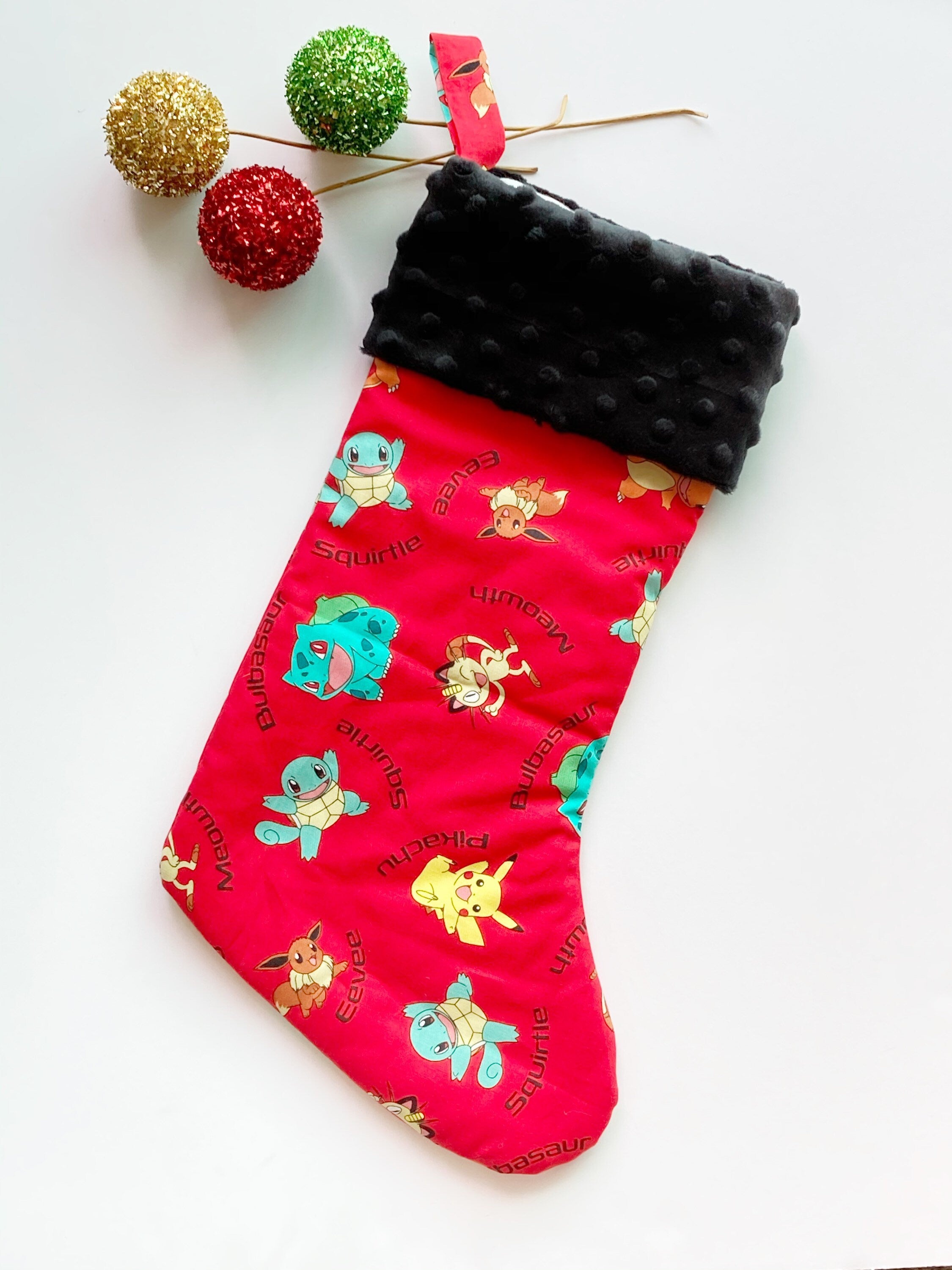 Personalized Christmas stocking made from red Pokemon fabric fully lined, Pikachu in Cotton with Minky cuff, 18” large stocking for gamer