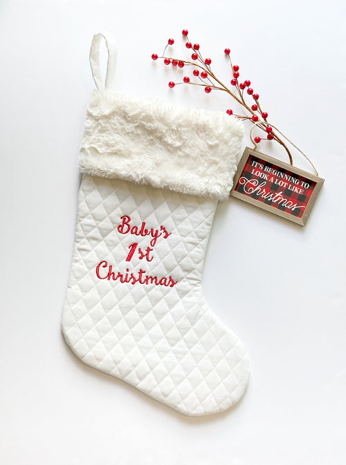 Baby’s First Christmas stocking personalized and fully lined for boy or girl newborn gift, quilted cotton and Minky, 18” heirloom quality