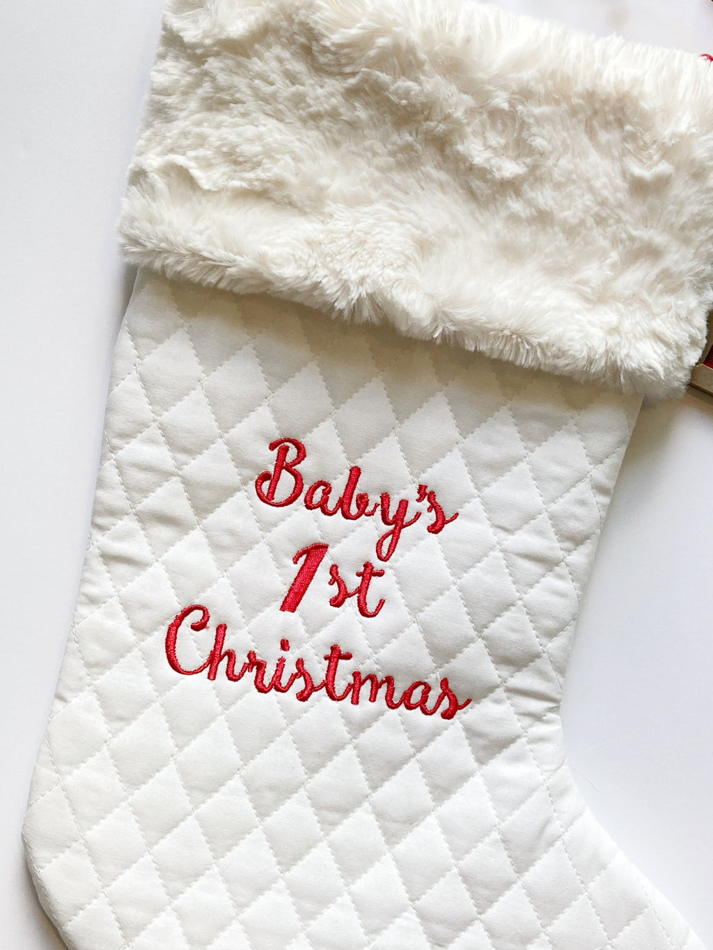 Baby’s First Christmas stocking personalized and fully lined for boy or girl newborn gift, quilted cotton and Minky, 18” heirloom quality