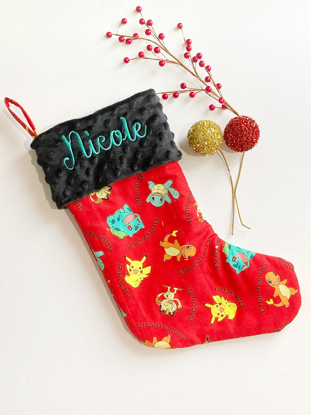 Personalized Christmas stocking made from red Pokemon fabric fully lined, Pikachu in Cotton with Minky cuff, 18” large stocking for gamer