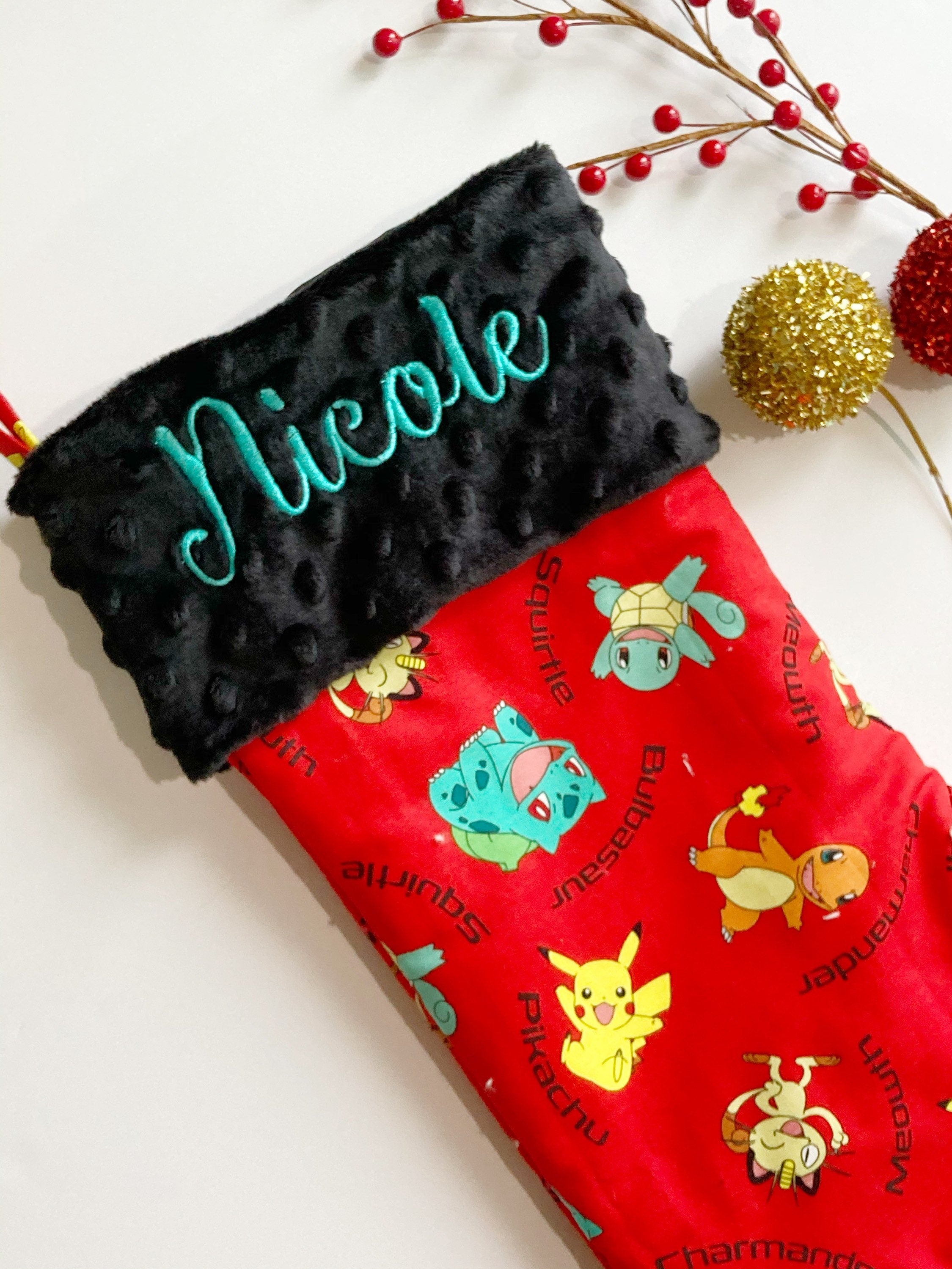 Personalized Christmas stocking made from red Pokemon fabric fully lined, Pikachu in Cotton with Minky cuff, 18” large stocking for gamer