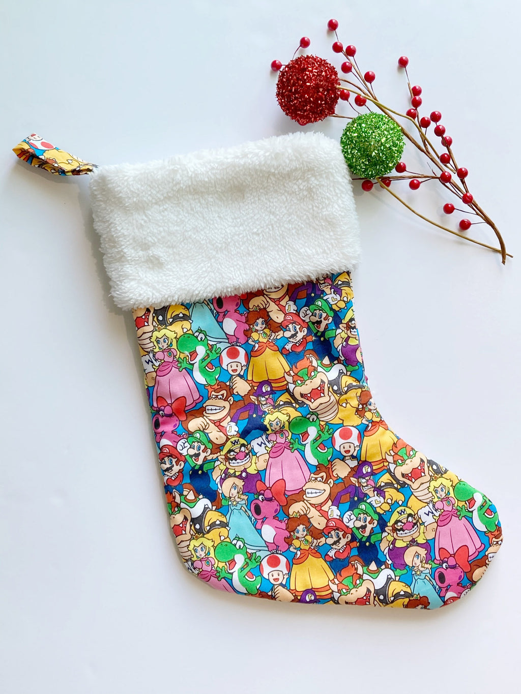 Personalized Christmas stocking made from Mario Luigi fabric, fully lined Cotton and Minky cuff, 18” large gamer holiday stocking