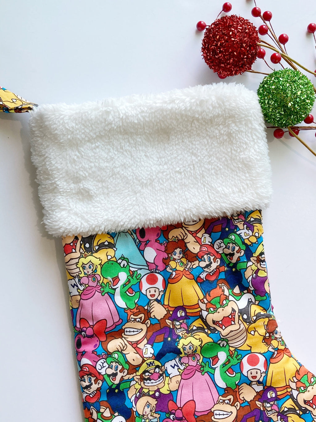 Personalized Christmas stocking made from Mario Luigi fabric, fully lined Cotton and Minky cuff, 18” large gamer holiday stocking