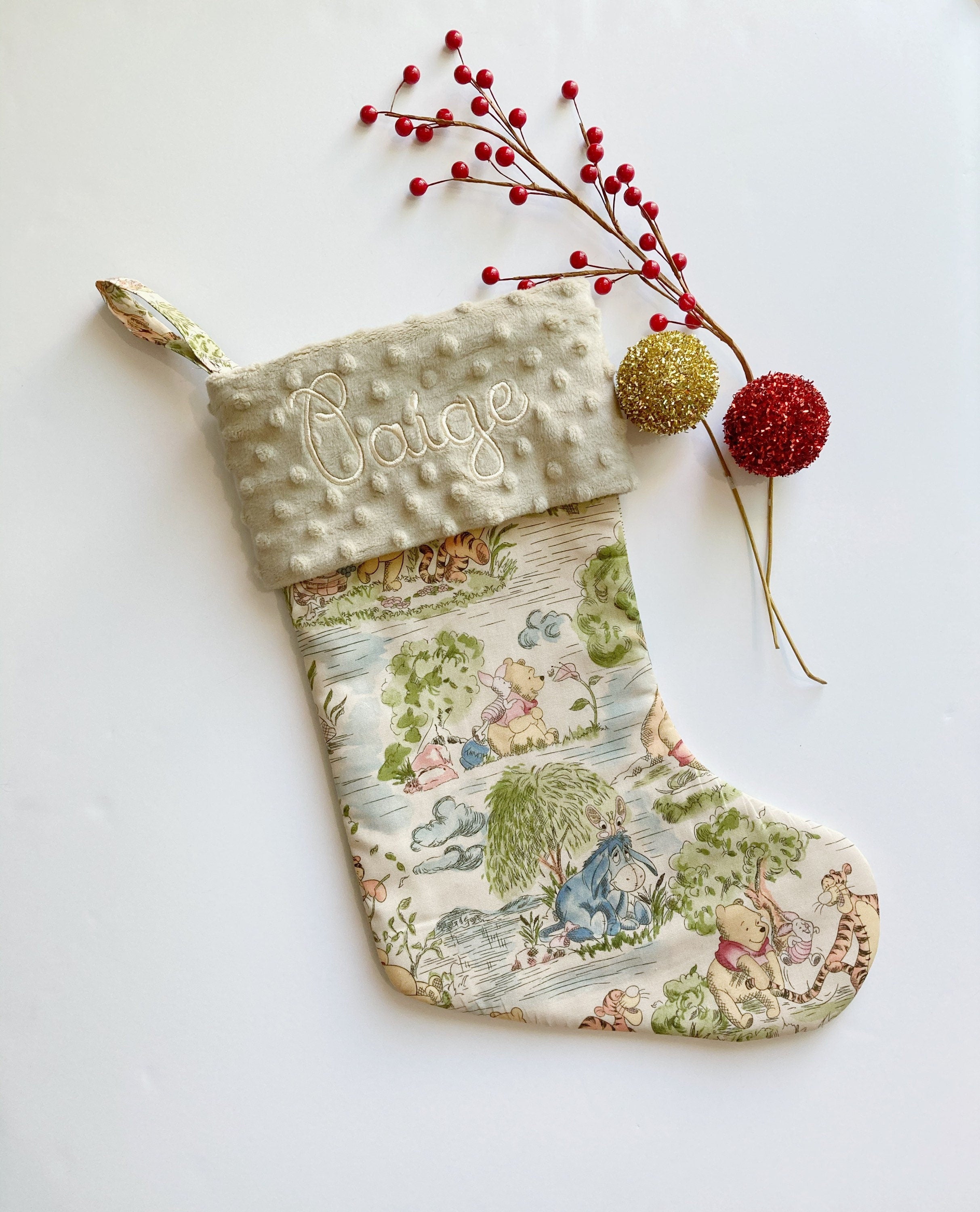 Personalized Christmas stocking for baby child and adult made from Winnie the Pooh fabric, 18” or 22” lined stocking in Cotton and Minky