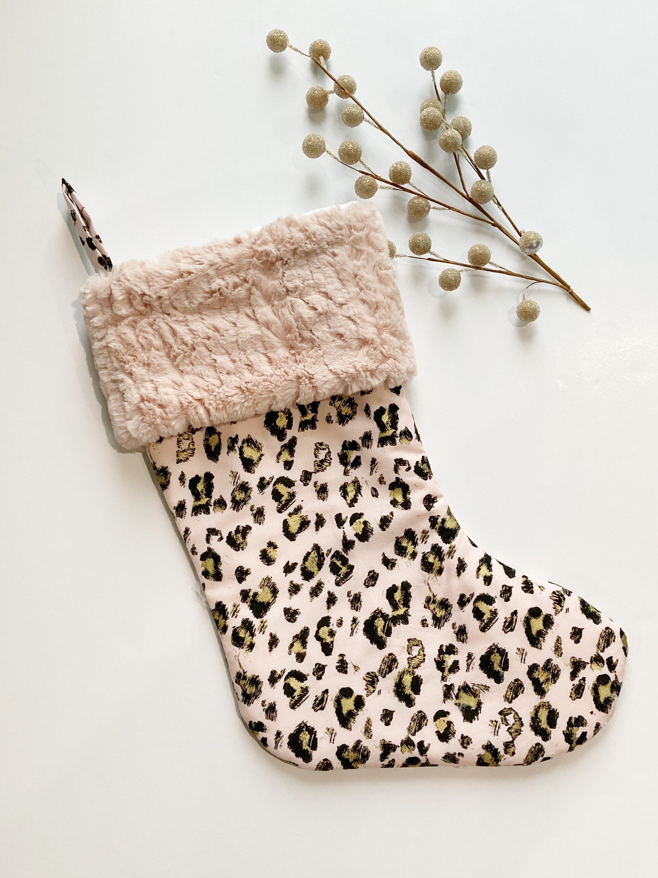 Personalize Rose gold Leopard Christmas stocking with minky or  fur cuff and fully lined 18” size, exotic animal print family holiday decor