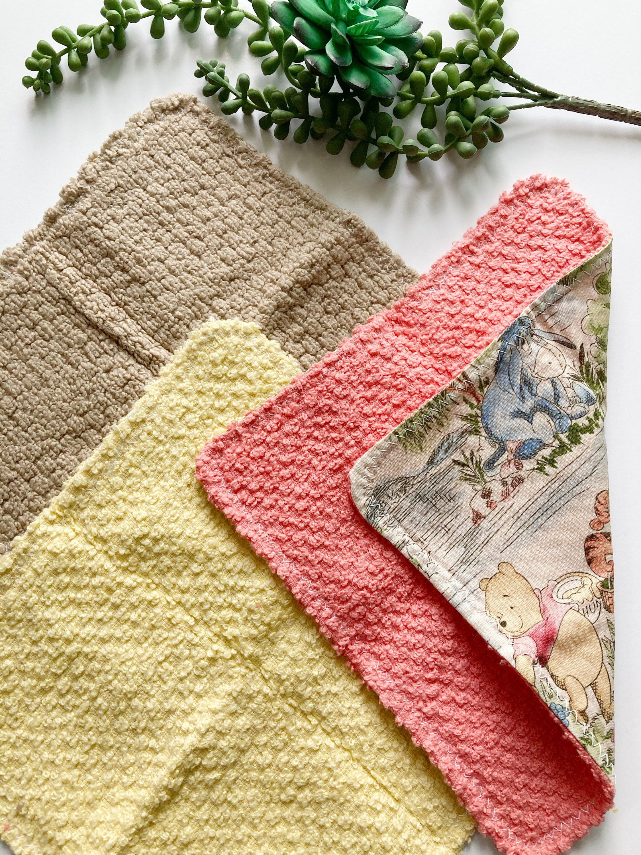 Baby toddler wash cloths sewn from Winnie the Pooh fabric for girl or boy in cotton and terry cloth, shower gift, set of 3 wash rags, 10” ea