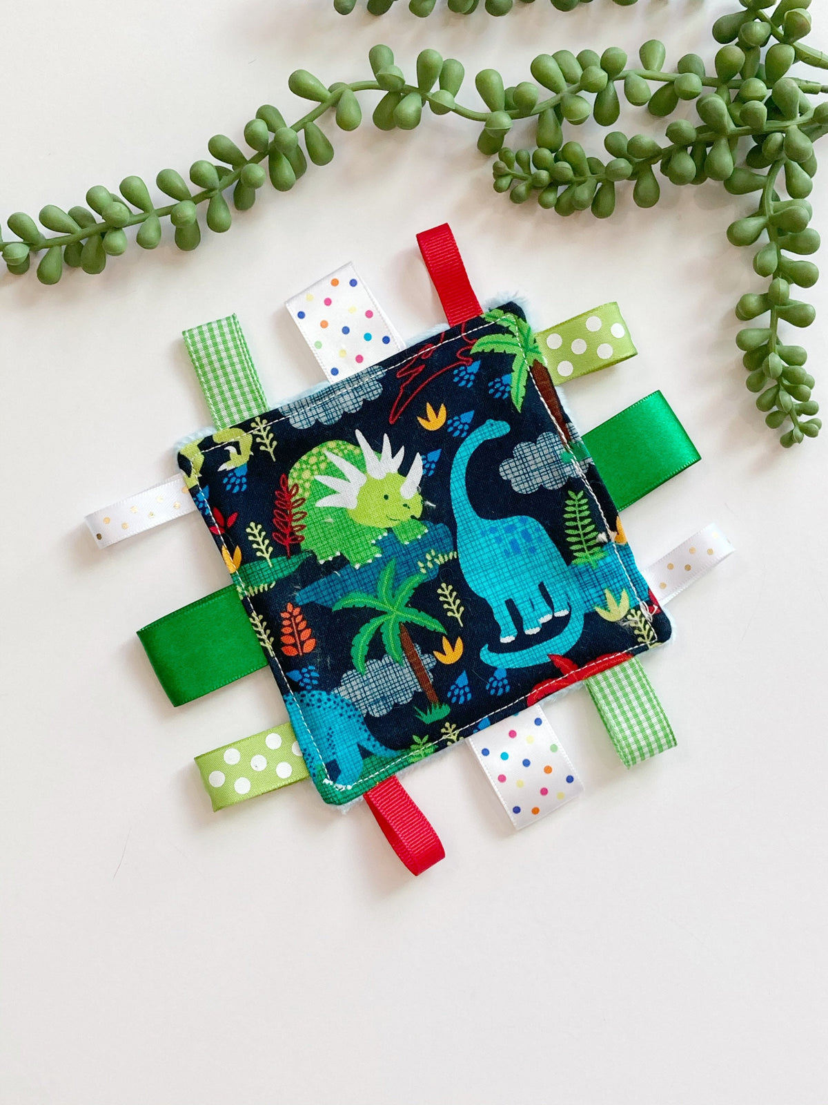 Pocket Dinosaur 5” lovey cotton fabric with ribbon tags for baby to adult sensory lovey made from Cotton and minky, gift, crinkle option