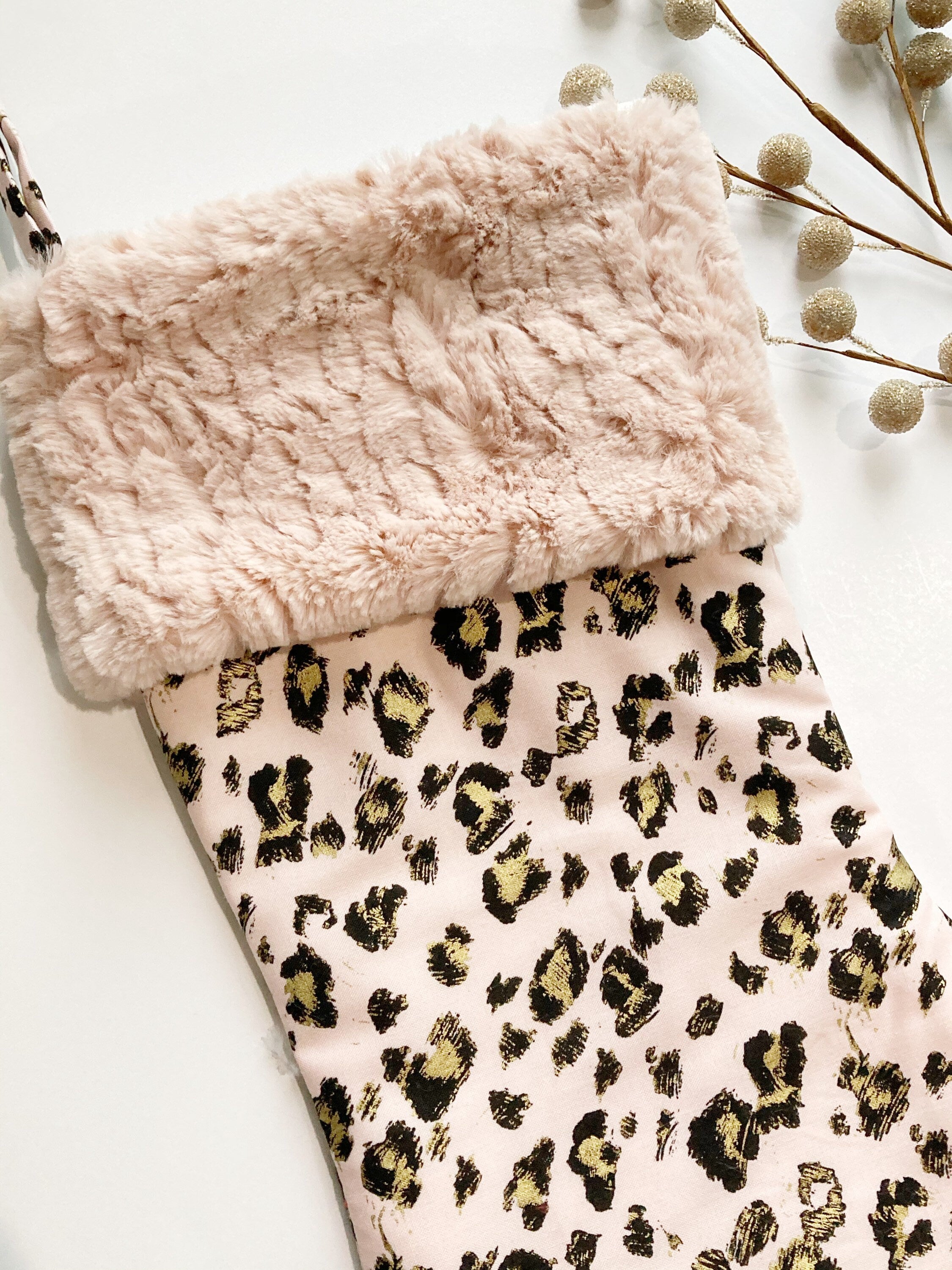 Personalize Rose gold Leopard Christmas stocking with minky or  fur cuff and fully lined 18” size, exotic animal print family holiday decor