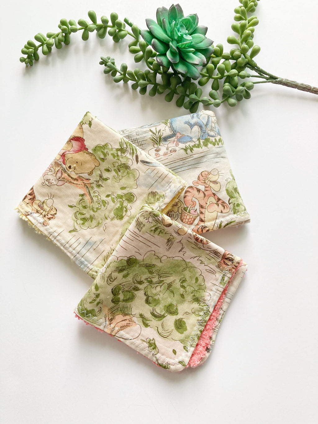 Baby toddler wash cloths sewn from Winnie the Pooh fabric for girl or boy in cotton and terry cloth, shower gift, set of 3 wash rags, 10” ea