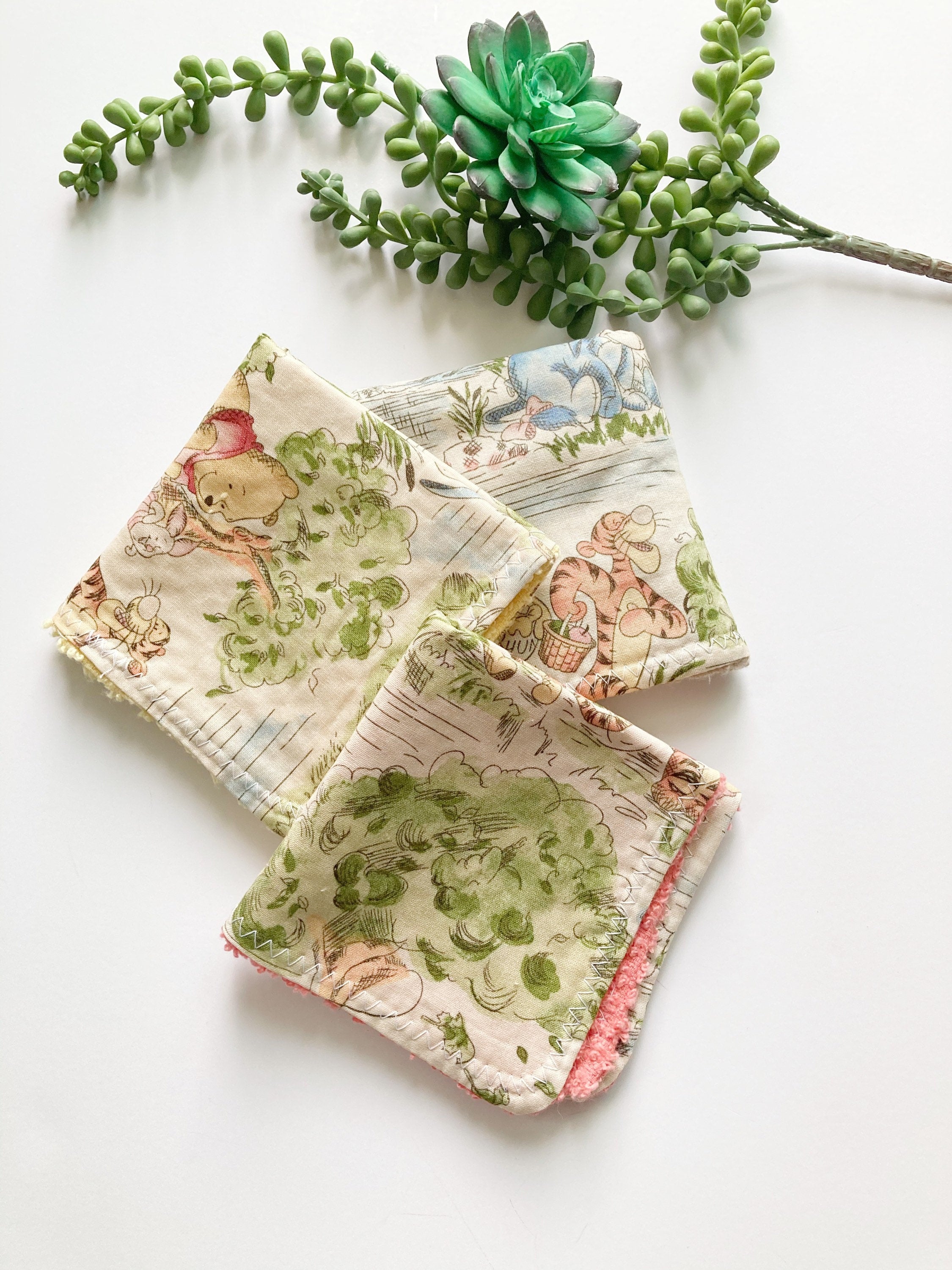 Baby toddler wash cloths 3 set made from Winnie the Pooh cotton and terry cloth,  shower gift with personalize option, other fabric prints