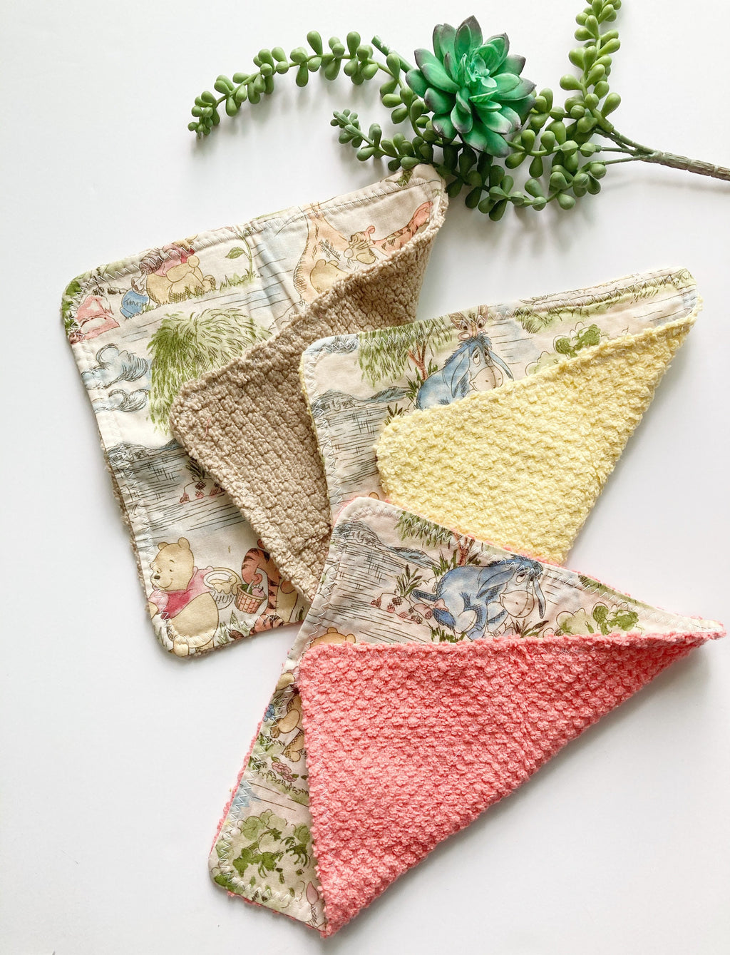 Baby toddler wash cloths sewn from Winnie the Pooh fabric for girl or boy in cotton and terry cloth, shower gift, set of 3 wash rags, 10” ea