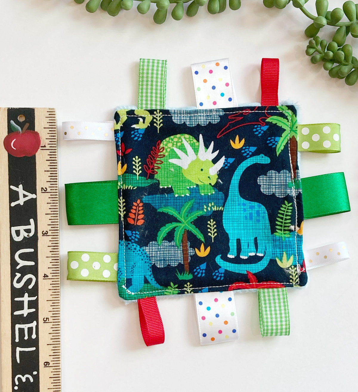 Pocket Dinosaur 5” lovey cotton fabric with ribbon tags for baby to adult sensory lovey made from Cotton and minky, gift, crinkle option