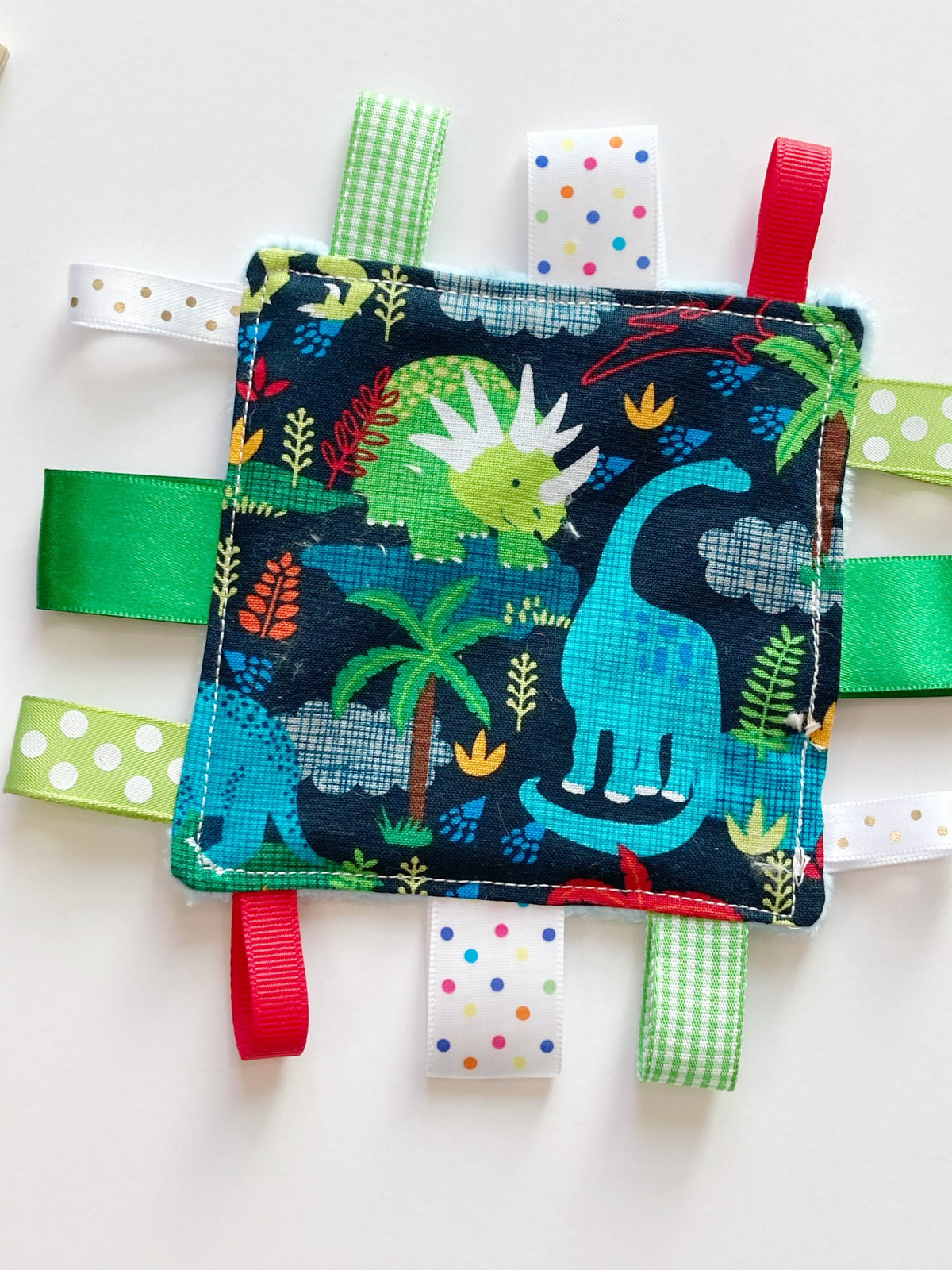 Pocket Dinosaur 5” lovey cotton fabric with ribbon tags for baby to adult sensory lovey made from Cotton and minky, gift, crinkle option