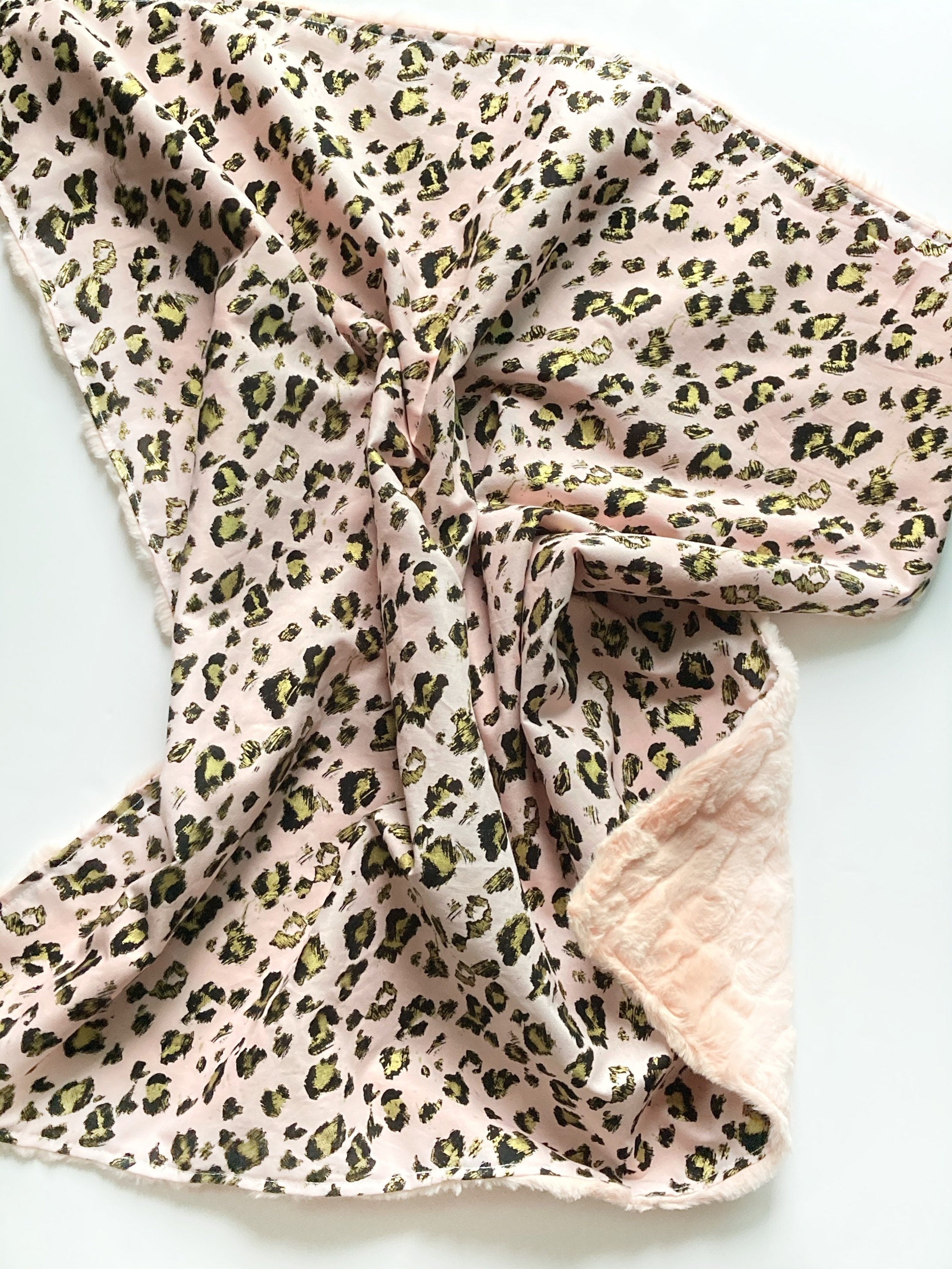 Personalize leopard Baby Blanket in rose gold pink leopard cotton fabric for baby girl,  blanket with Cotton minky or fur, choose size
