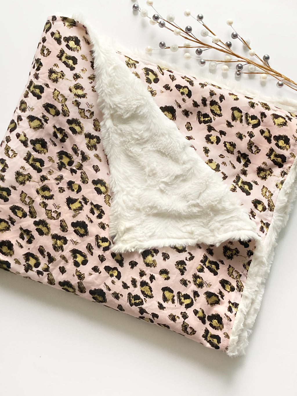 Personalize leopard Baby Blanket in rose gold pink leopard cotton fabric for baby girl,  blanket with Cotton minky or fur, choose size
