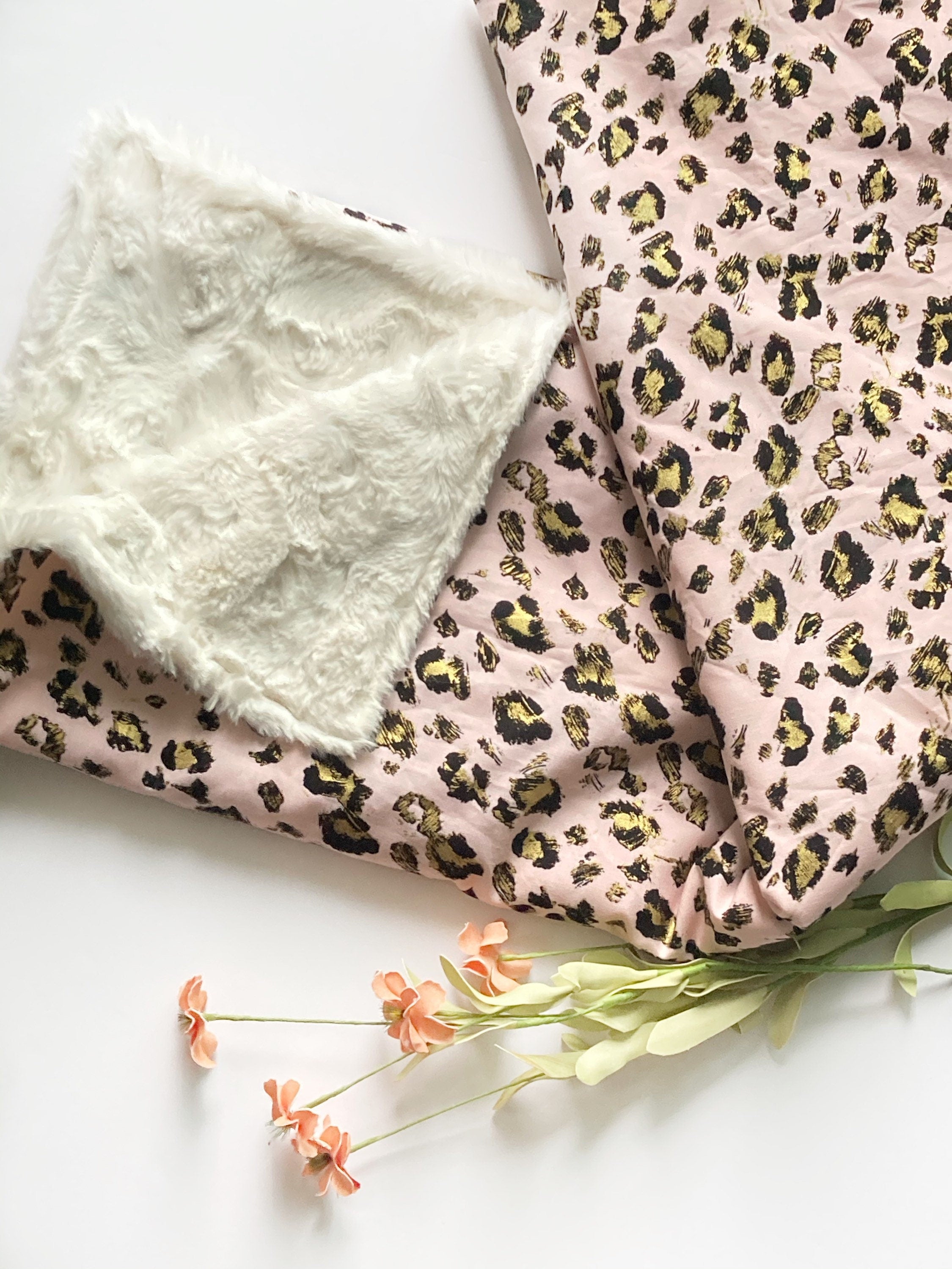 Personalize leopard Baby Blanket in rose gold pink leopard cotton fabric for baby girl,  blanket with Cotton minky or fur, choose size