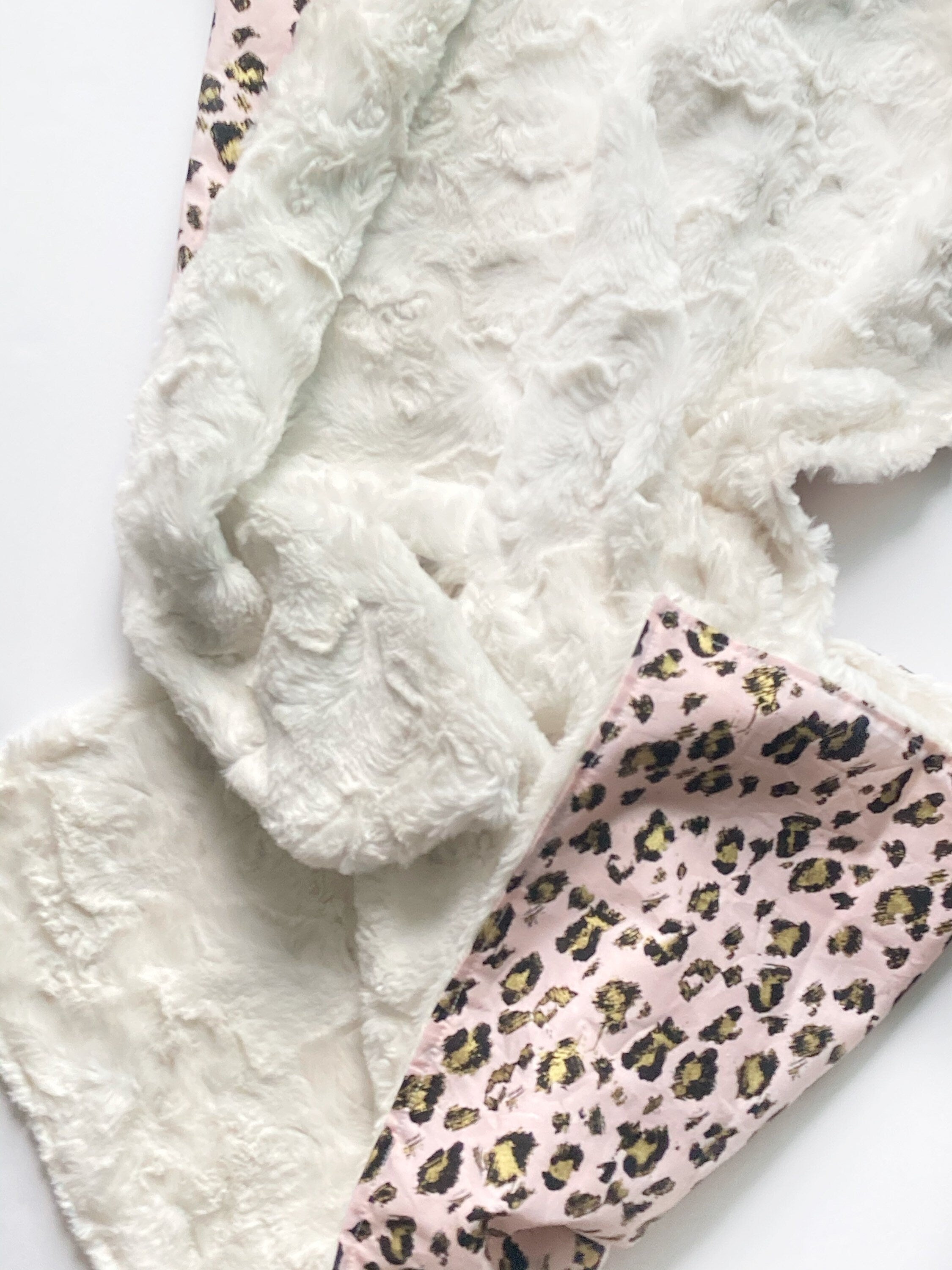 Personalize leopard Baby Blanket in rose gold pink leopard cotton fabric for baby girl,  blanket with Cotton minky or fur, choose size