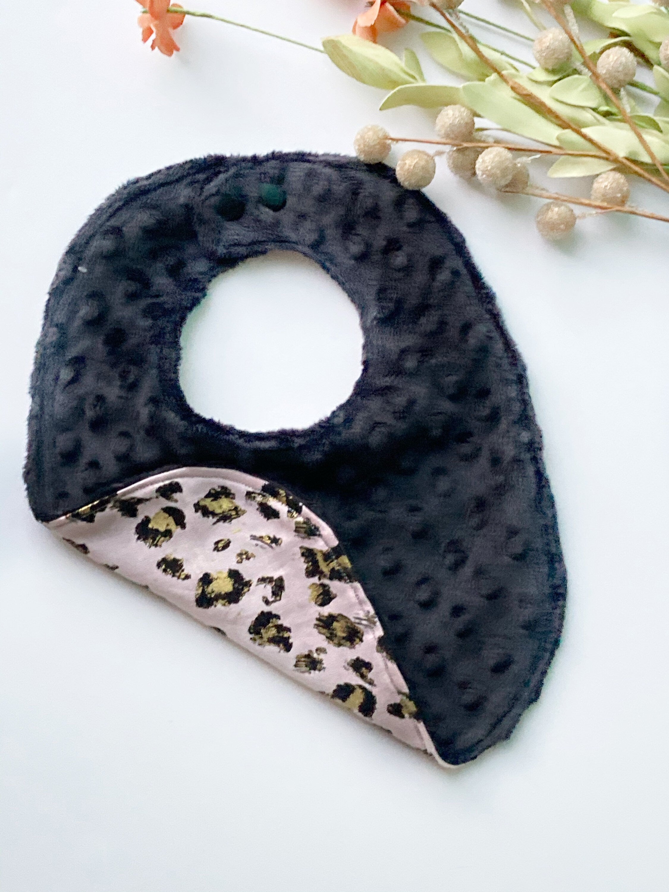 Leopard Print Baby Bib: Rose Gold Cotton, Black Minky Dot Back