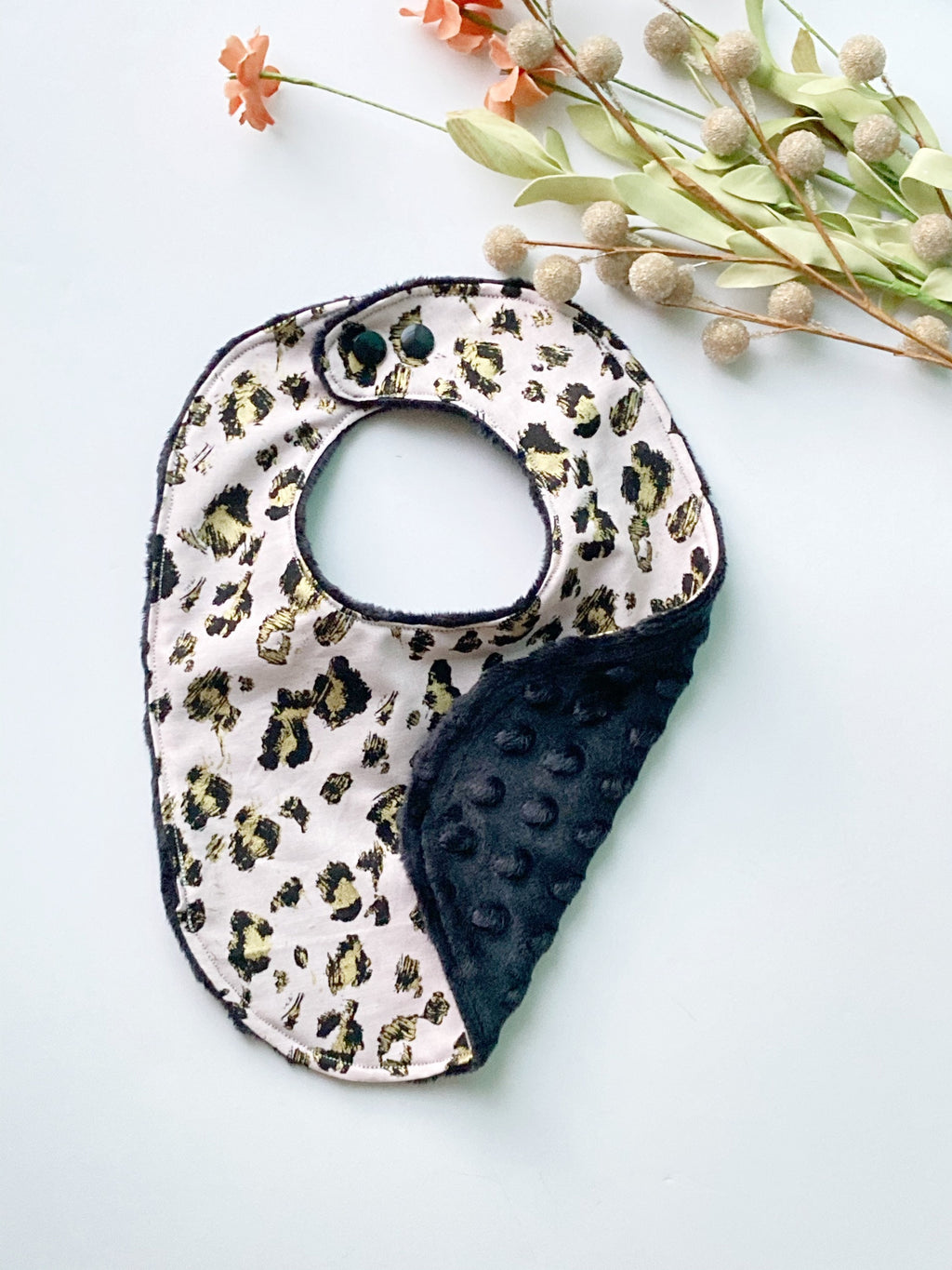 Leopard Print Baby Bib: Rose Gold Cotton, Black Minky Dot Back