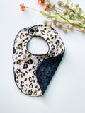 Leopard Print Baby Bib: Rose Gold Cotton, Black Minky Dot Back