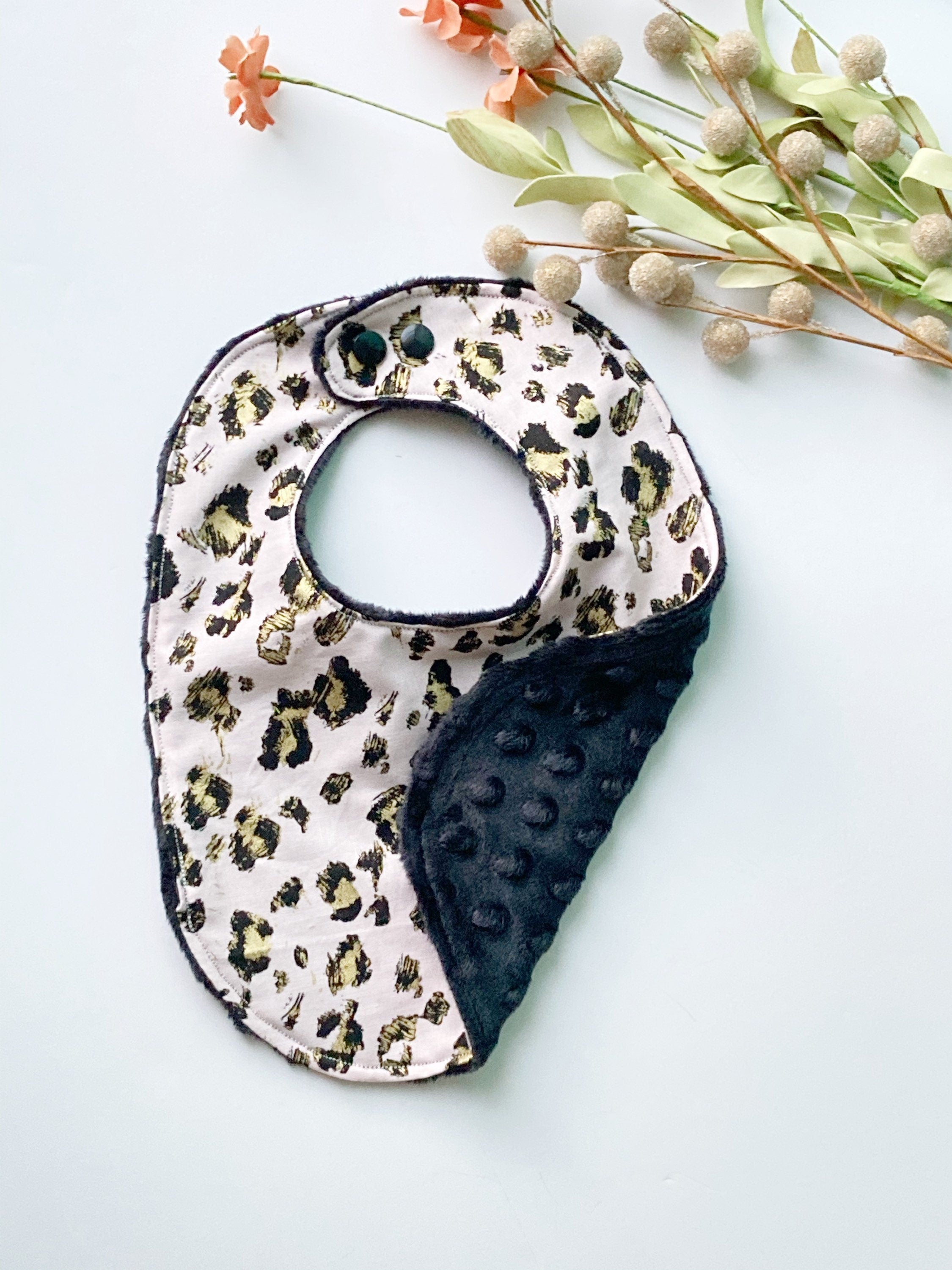 Leopard Print Baby Bib: Rose Gold Cotton, Black Minky Dot Back