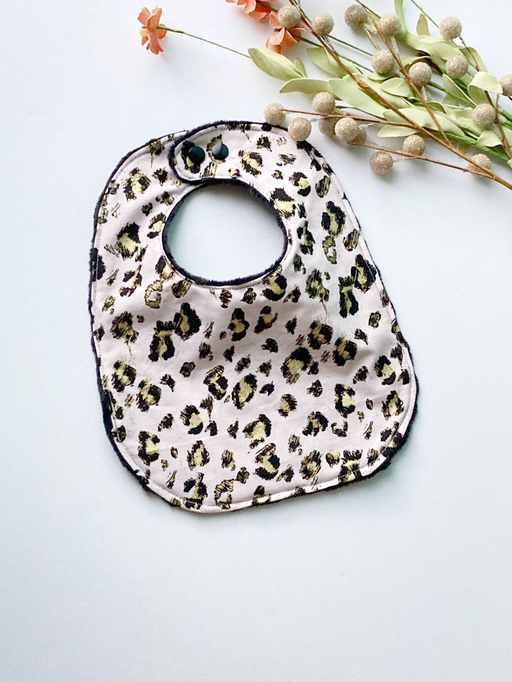 Leopard Print Baby Bib: Rose Gold Cotton, Black Minky Dot Back