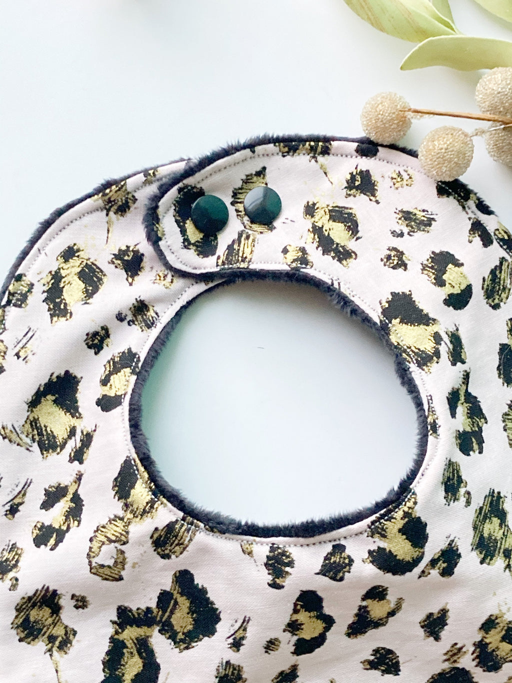 Leopard Print Baby Bib: Rose Gold Cotton, Black Minky Dot Back