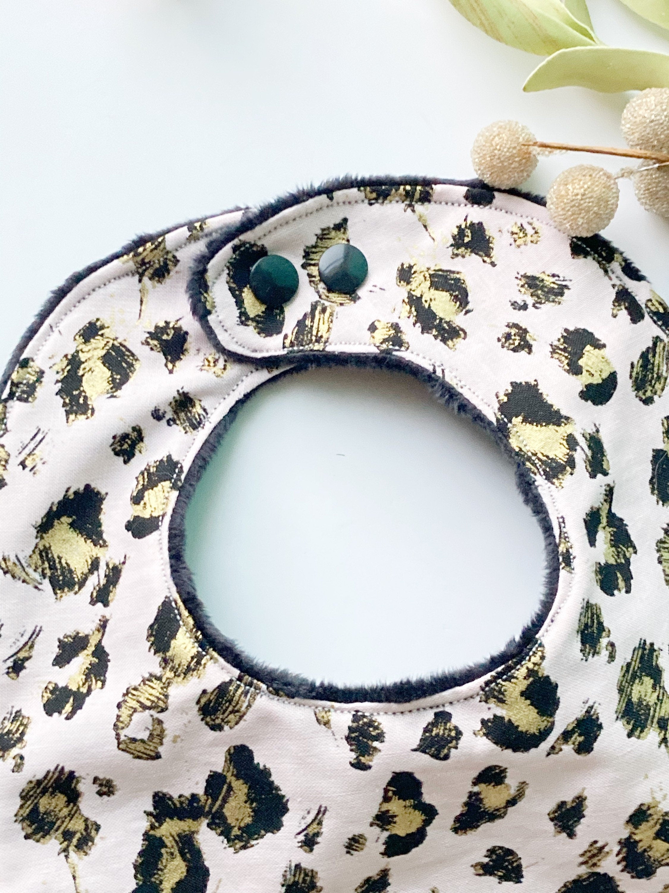 Leopard Print Baby Bib: Rose Gold Cotton, Black Minky Dot Back