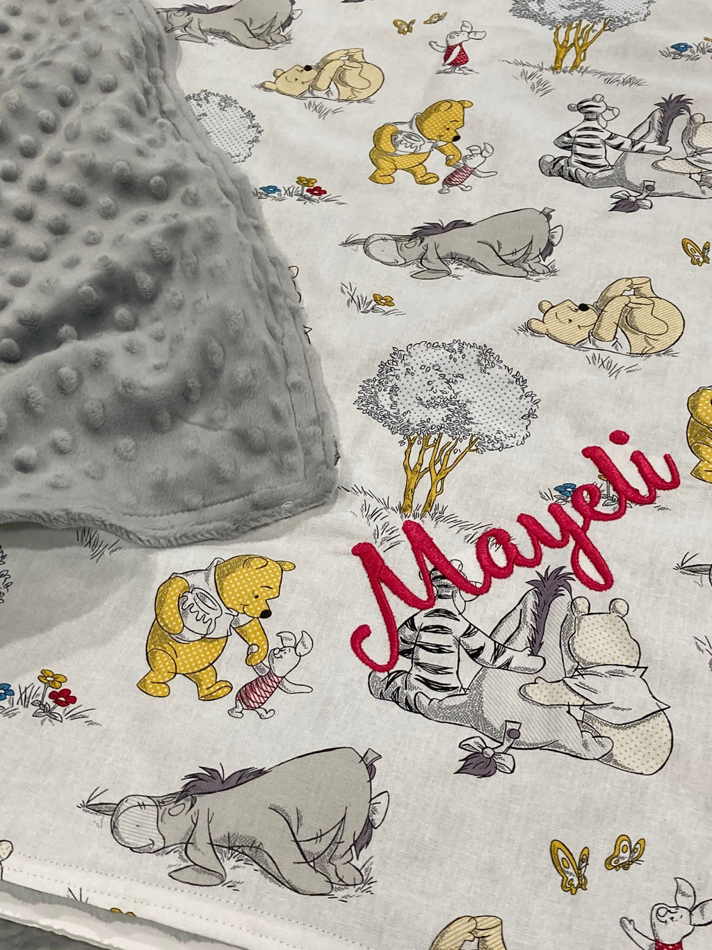 Personalize Baby Blanket made from Winnie the Pooh fabric for girl or boy in Cotton and minky, baby shower gift, Piglet Eeyore Tigger print