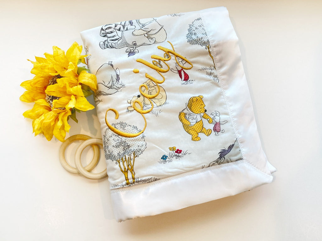 Baby Blanket made from Winnie the Pooh fabric for boy or girl with personalized option in Cotton with satin binding, baby shower gift