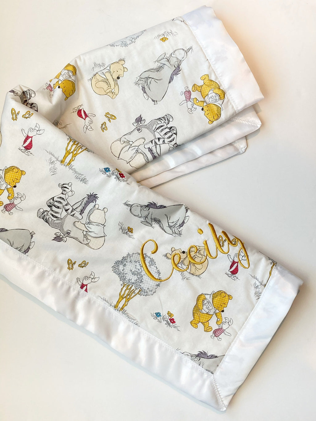 Baby Blanket made from Winnie the Pooh fabric for boy or girl with personalized option in Cotton with satin binding, baby shower gift