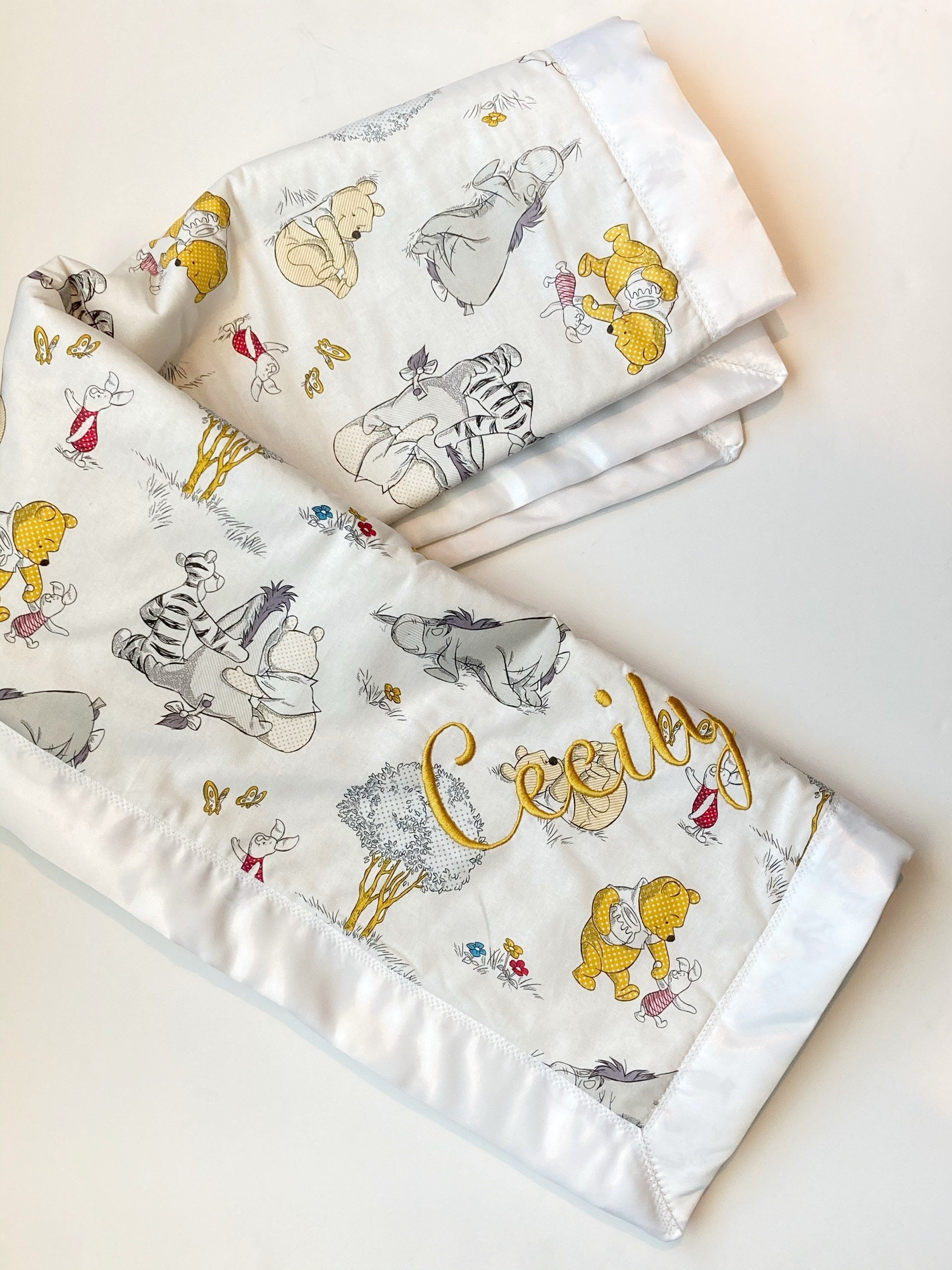 Baby Blanket made from Winnie the Pooh fabric for boy or girl with personalized option in Cotton with satin binding, baby shower gift