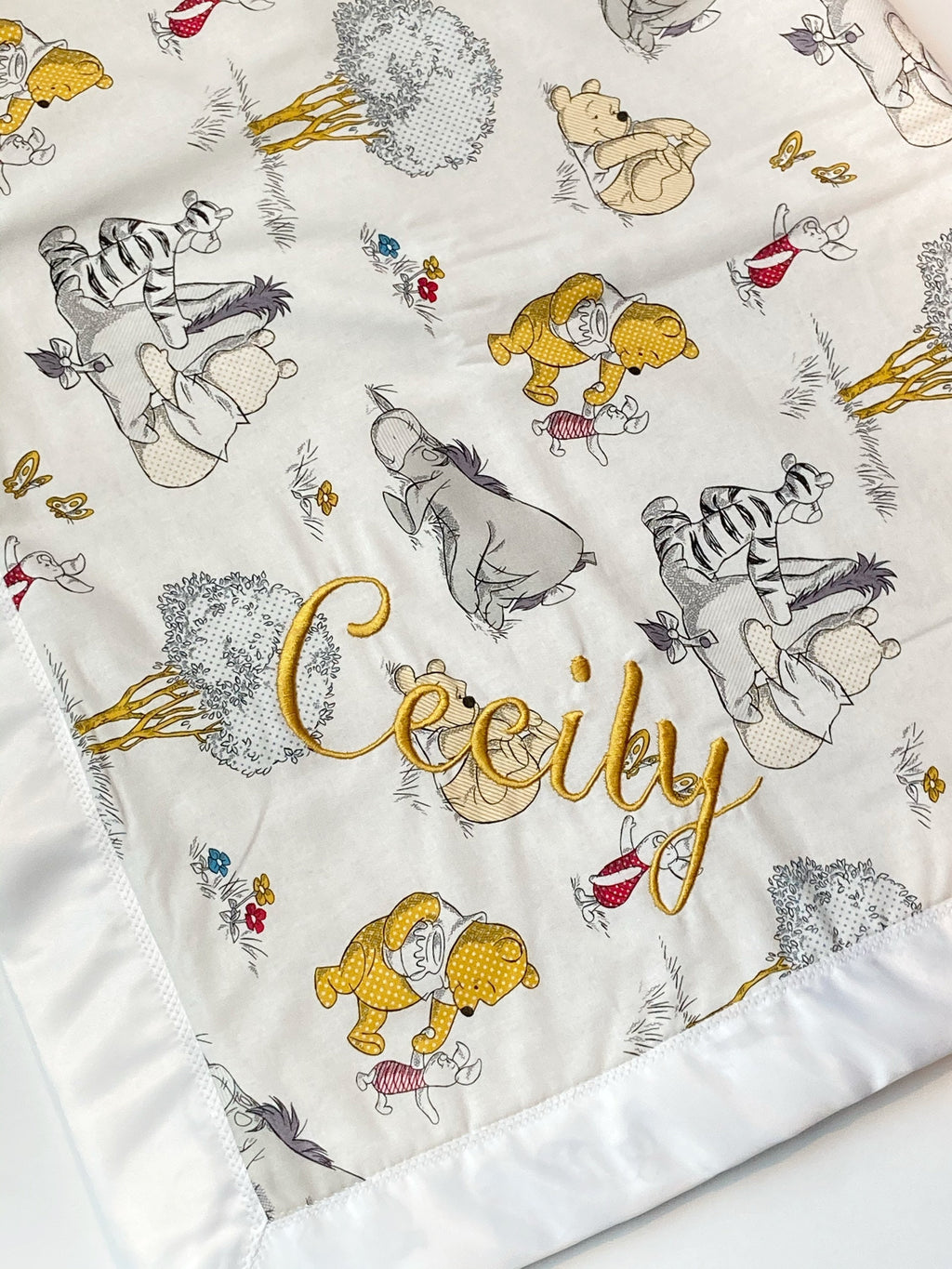 Baby Blanket made from Winnie the Pooh fabric for boy or girl with personalized option in Cotton with satin binding, baby shower gift