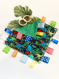 Dinosaur Blanket lovey - cotton fabric toy ~ can personalize ~ sensory blanket lovey ~ Cotton minky ~ baby shower gift ~ 12”