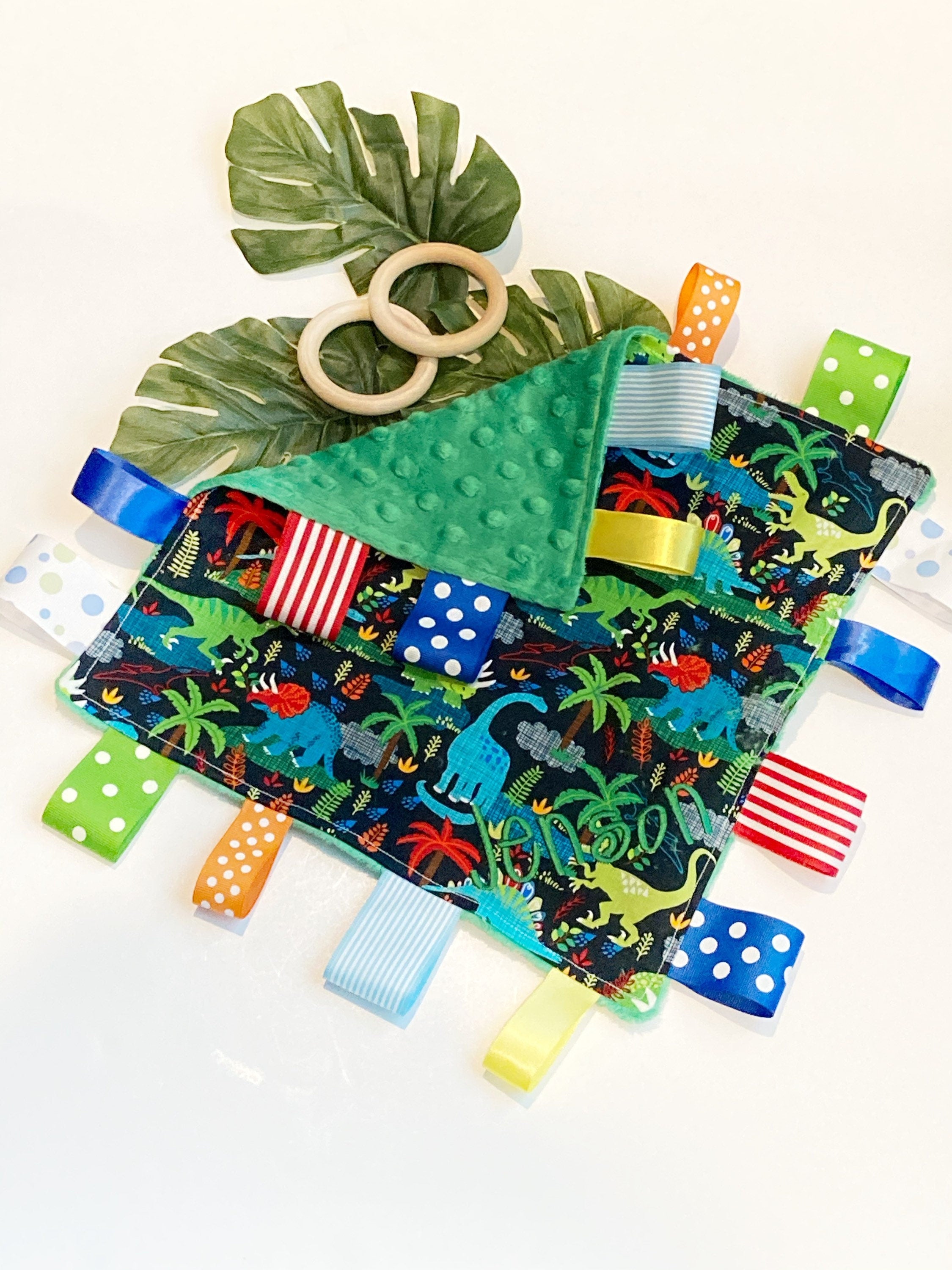 Dinosaur Blanket lovey - cotton fabric toy ~ can personalize ~ sensory blanket lovey ~ Cotton minky ~ baby shower gift ~ 12”