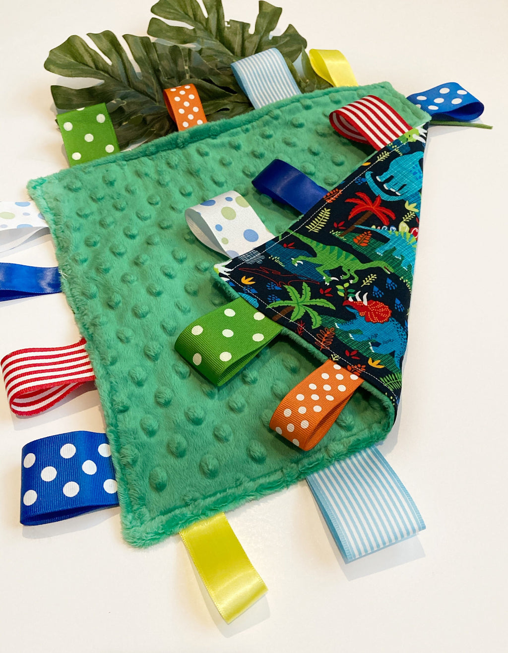 Dinosaur Blanket lovey - cotton fabric toy ~ can personalize ~ sensory blanket lovey ~ Cotton minky ~ baby shower gift ~ 12”