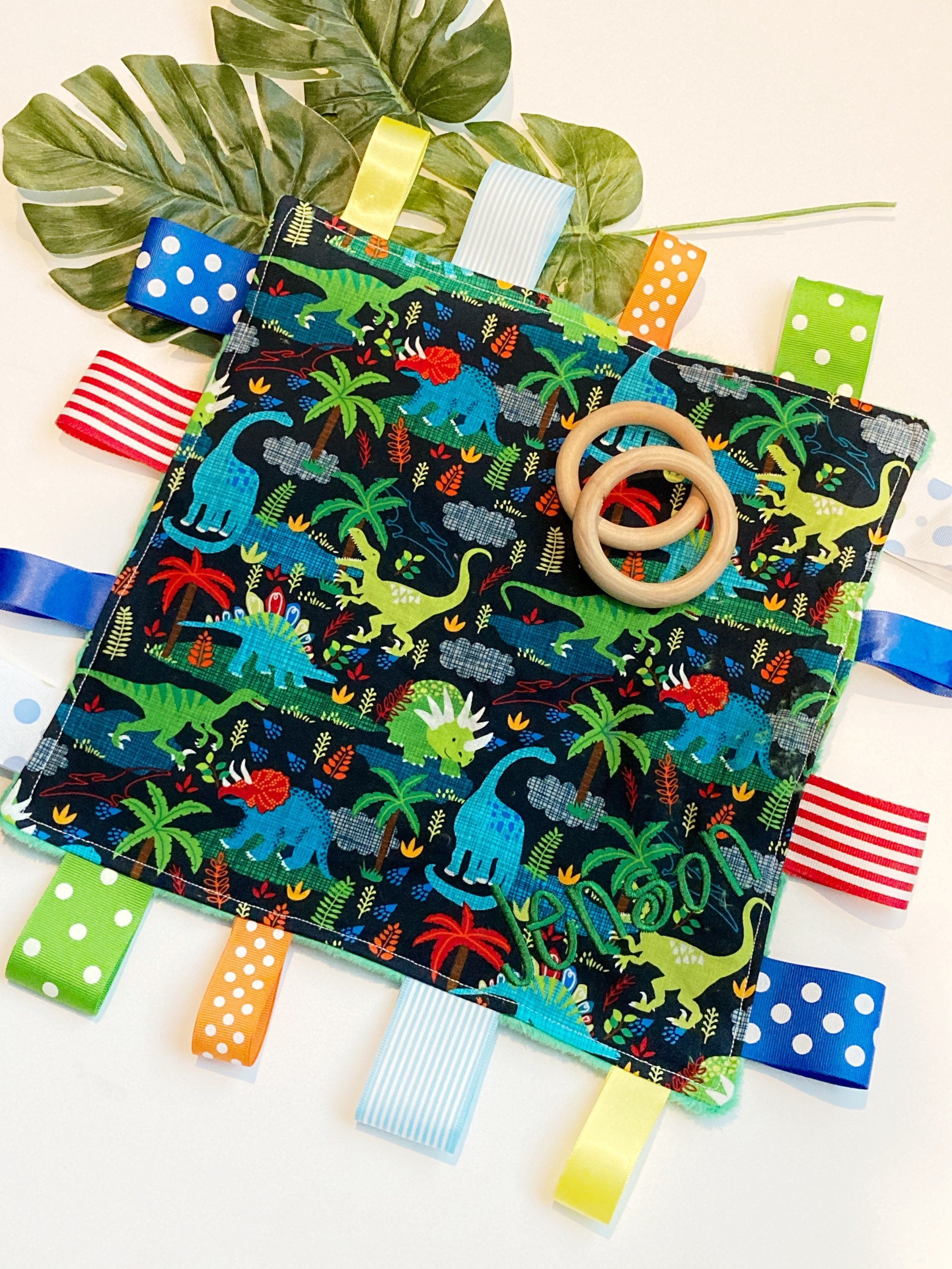Dinosaur crinkle Blanket lovey cotton fabric toy ~ can personalize ~ sensory blanket lovey ~ Cotton minky ~ baby shower gift ~ 12"