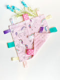 Unicorns Baby girl lovey blanket |toddler sensory toy | crinkle option | pink fabric | can personalize | baby shower gift | choose minky