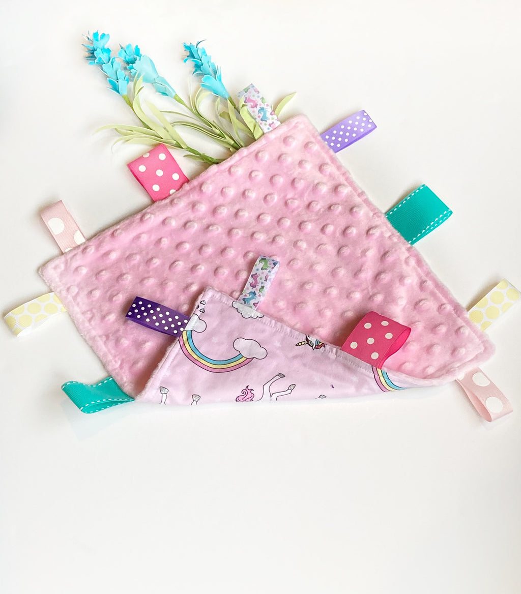 Unicorns Baby girl lovey blanket |toddler sensory toy | crinkle option | pink fabric | can personalize | baby shower gift | choose minky