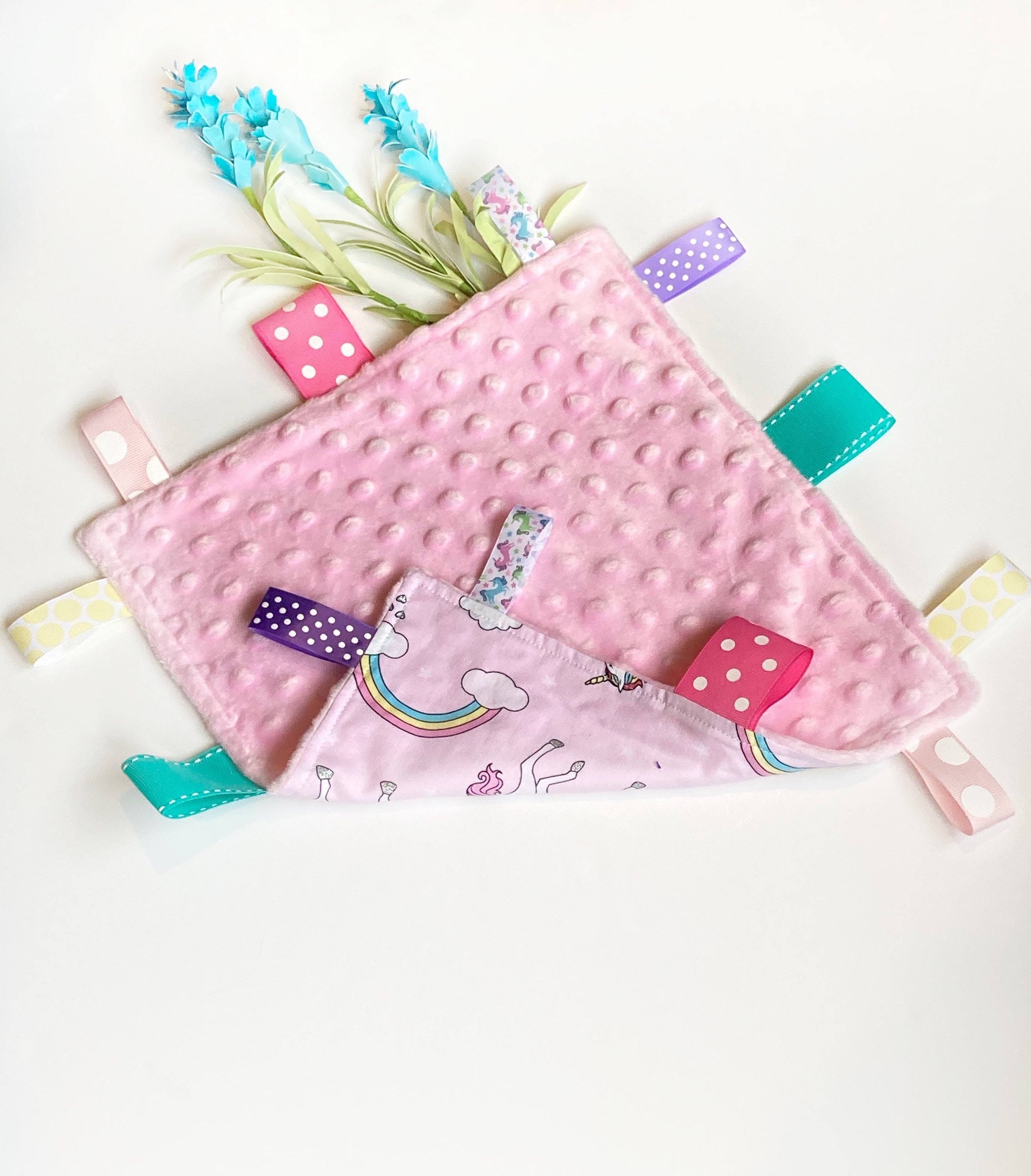 Unicorns Baby girl lovey blanket |toddler sensory toy | crinkle option | pink fabric | can personalize | baby shower gift | choose minky