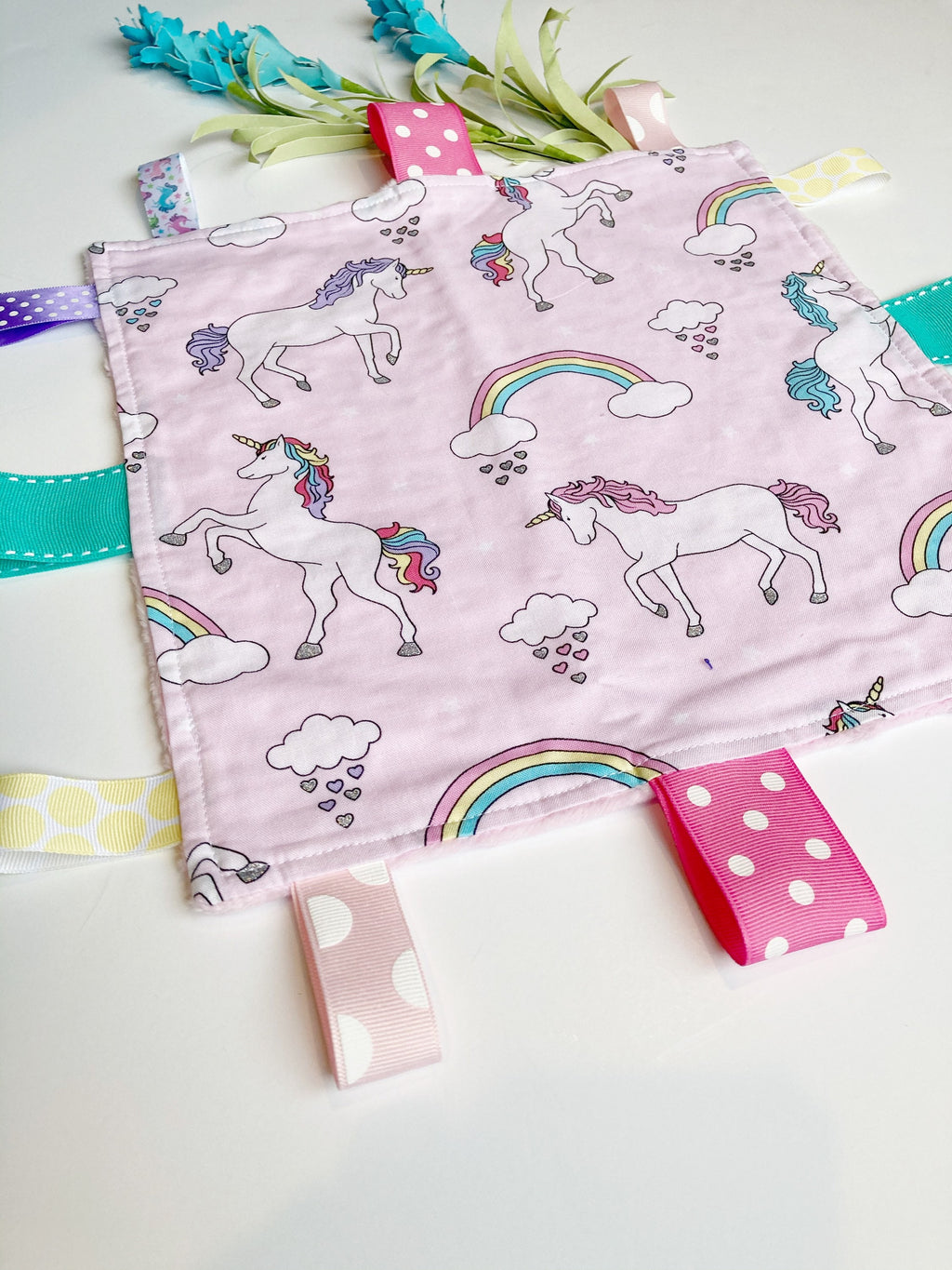 Unicorns Baby girl lovey blanket |toddler sensory toy | crinkle option | pink fabric | can personalize | baby shower gift | choose minky