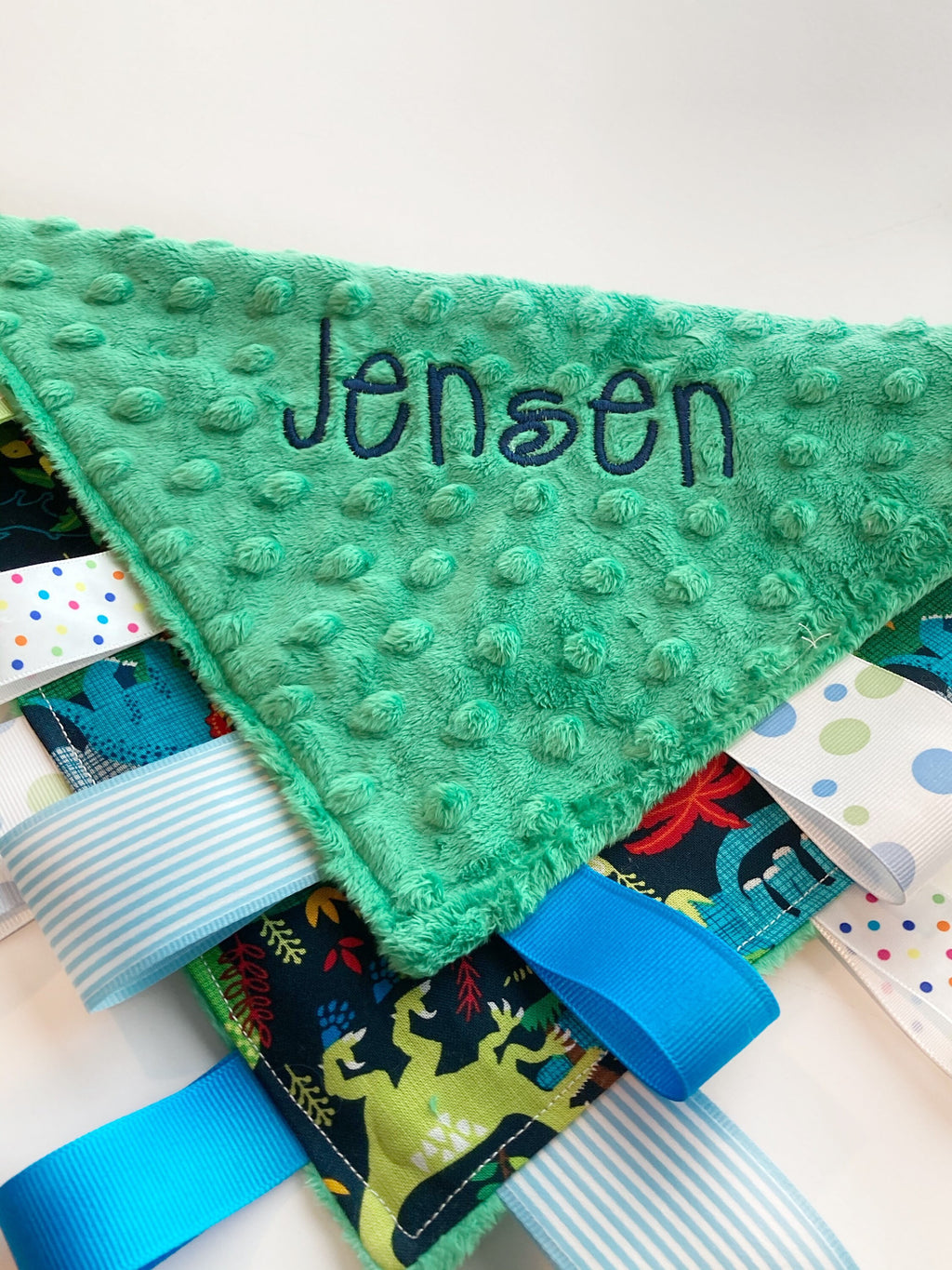 Dinosaur crinkle Blanket lovey cotton fabric toy ~ can personalize ~ sensory blanket lovey ~ Cotton minky ~ baby shower gift ~ 12"