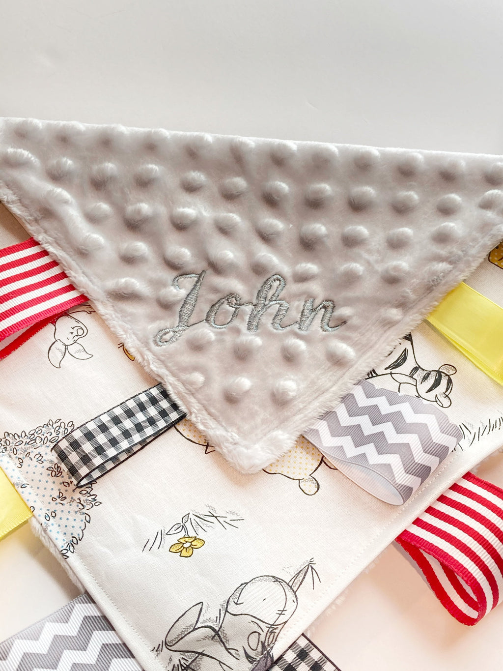 Sensory crinkle or Blanket tag lovey - made from Winnie the Pooh fabric ~ personalize ~ Cotton minky security toy ~ baby shower gift 12"